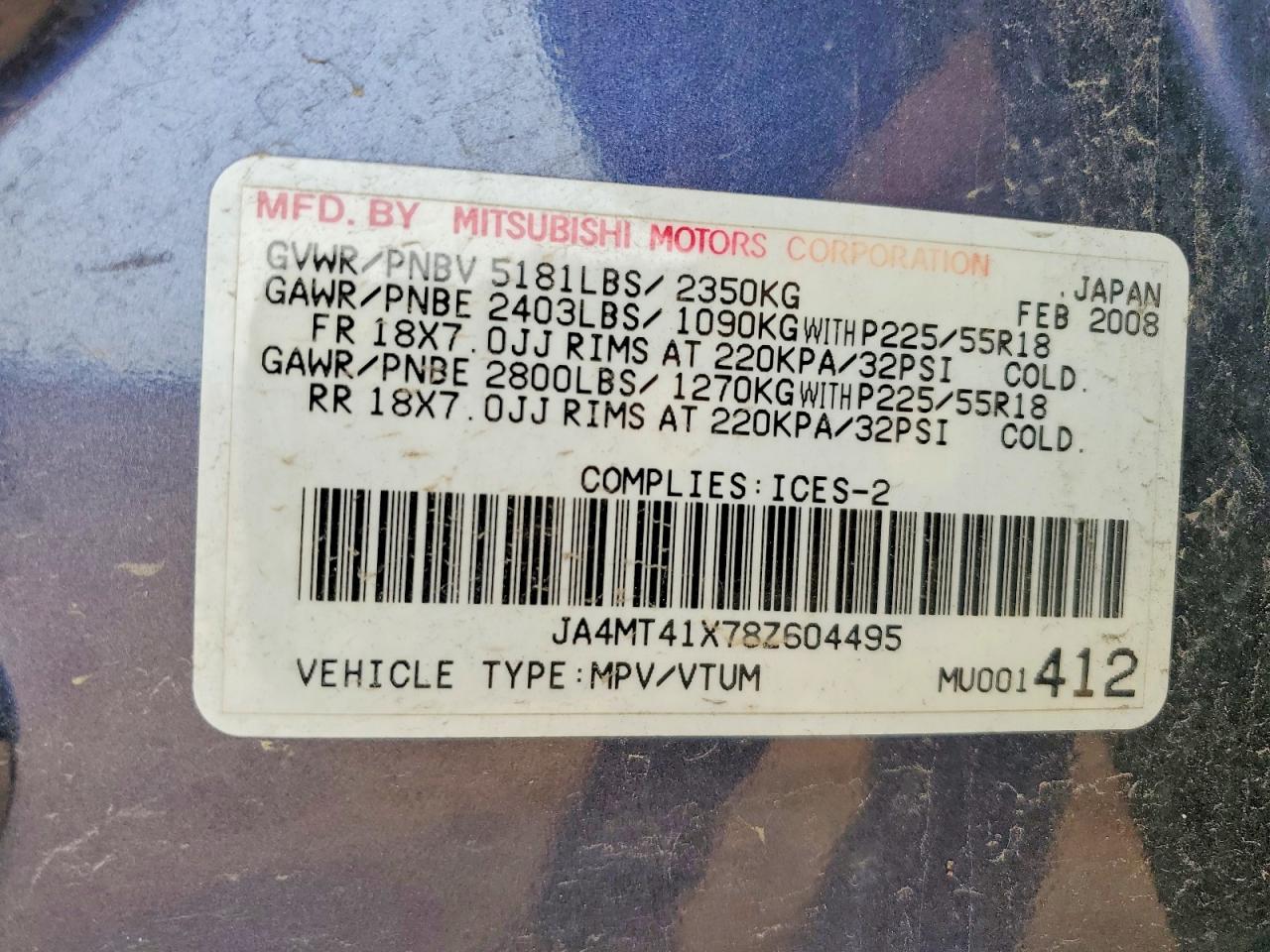 2008 Mitsubishi Outlander Xls Blue vin: JA4MT41X78Z604495