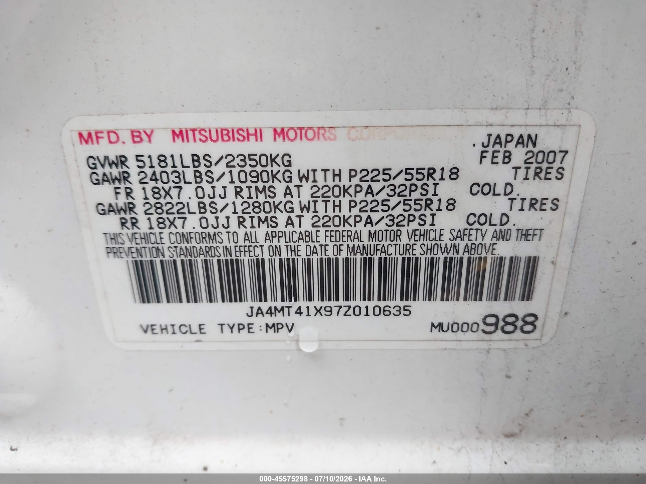 2007 Mitsubishi Outlander Xls White vin: JA4MT41X97Z010635