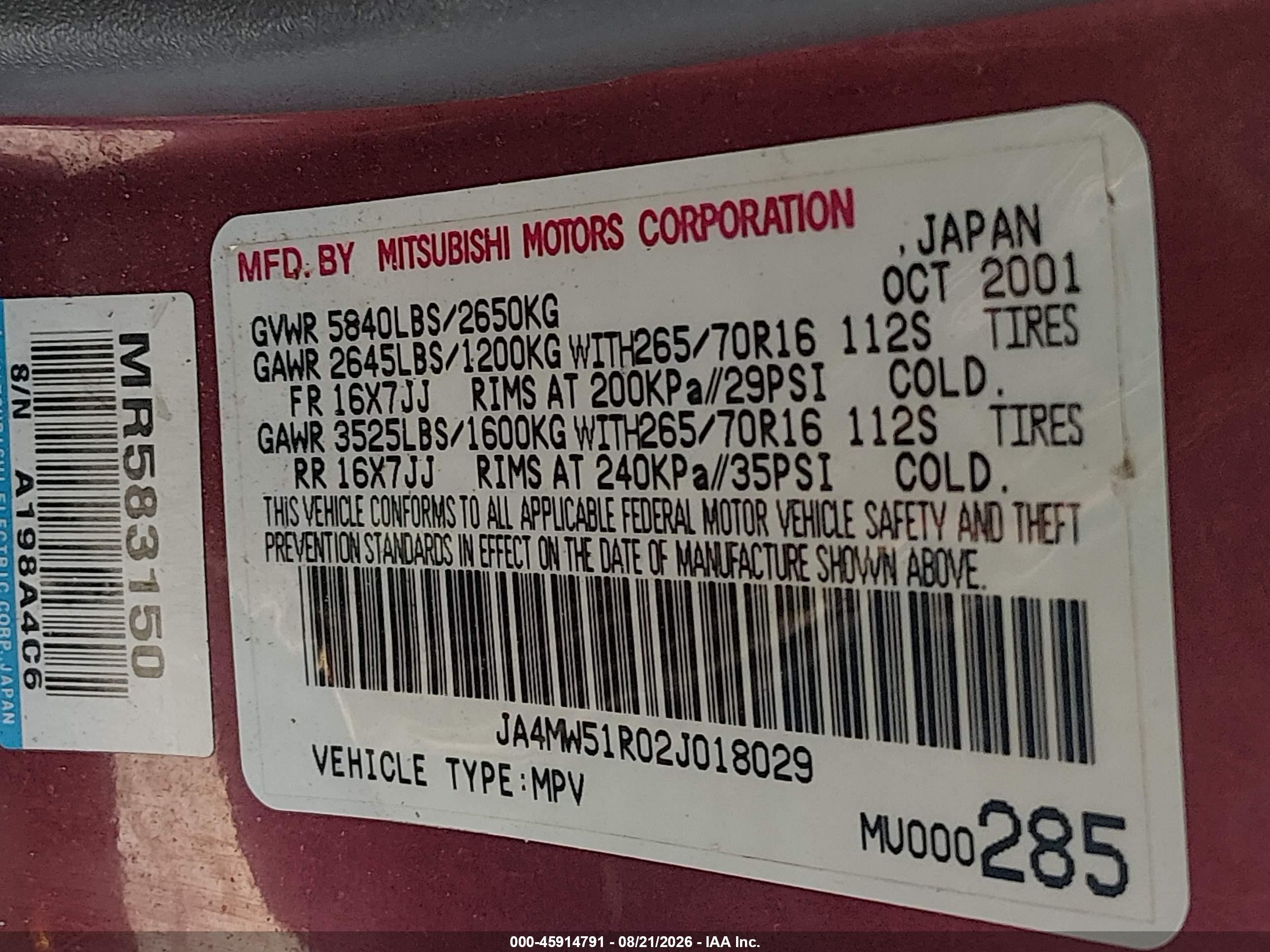 2002 Mitsubishi Montero Limited Red vin: JA4MW51R02J018029