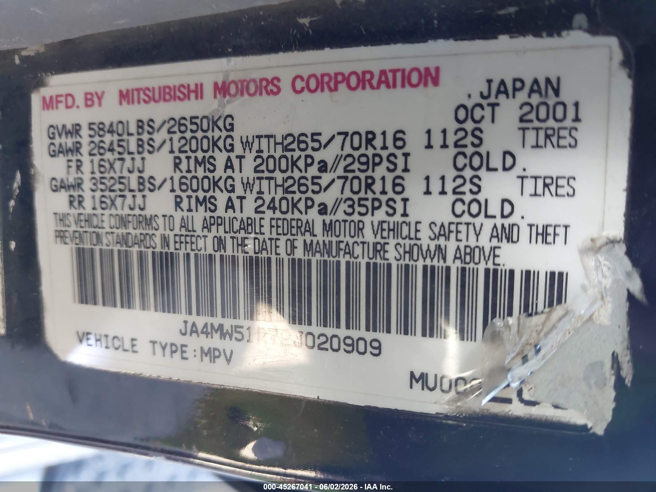 2002 Mitsubishi Montero Limited Black vin: JA4MW51R72J020909
