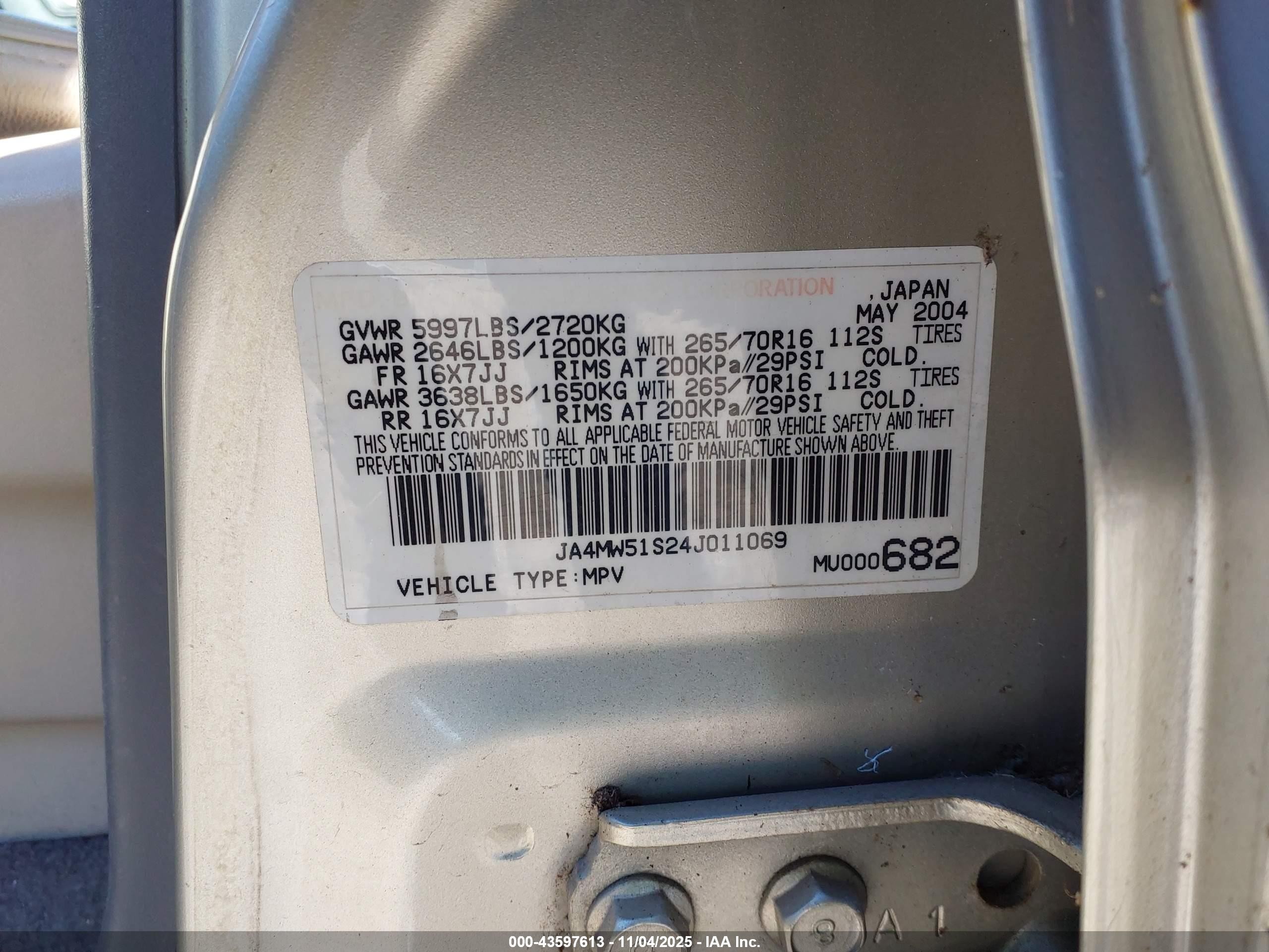 2004 Mitsubishi Montero Xls Silver vin: JA4MW51S24J011069