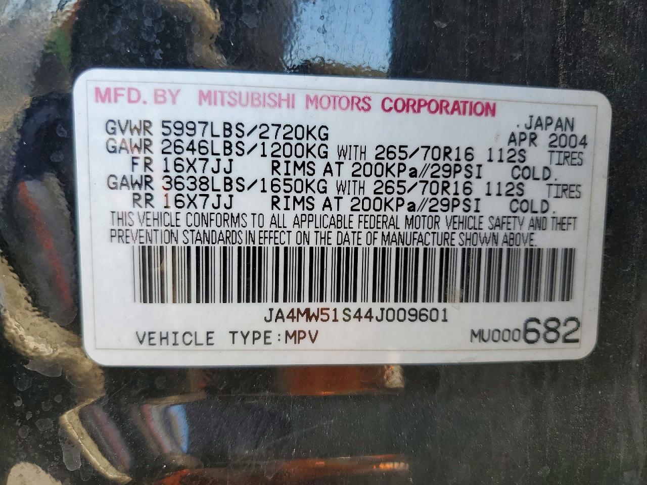 2004 Mitsubishi Montero Limited Черный vin: JA4MW51S44J009601