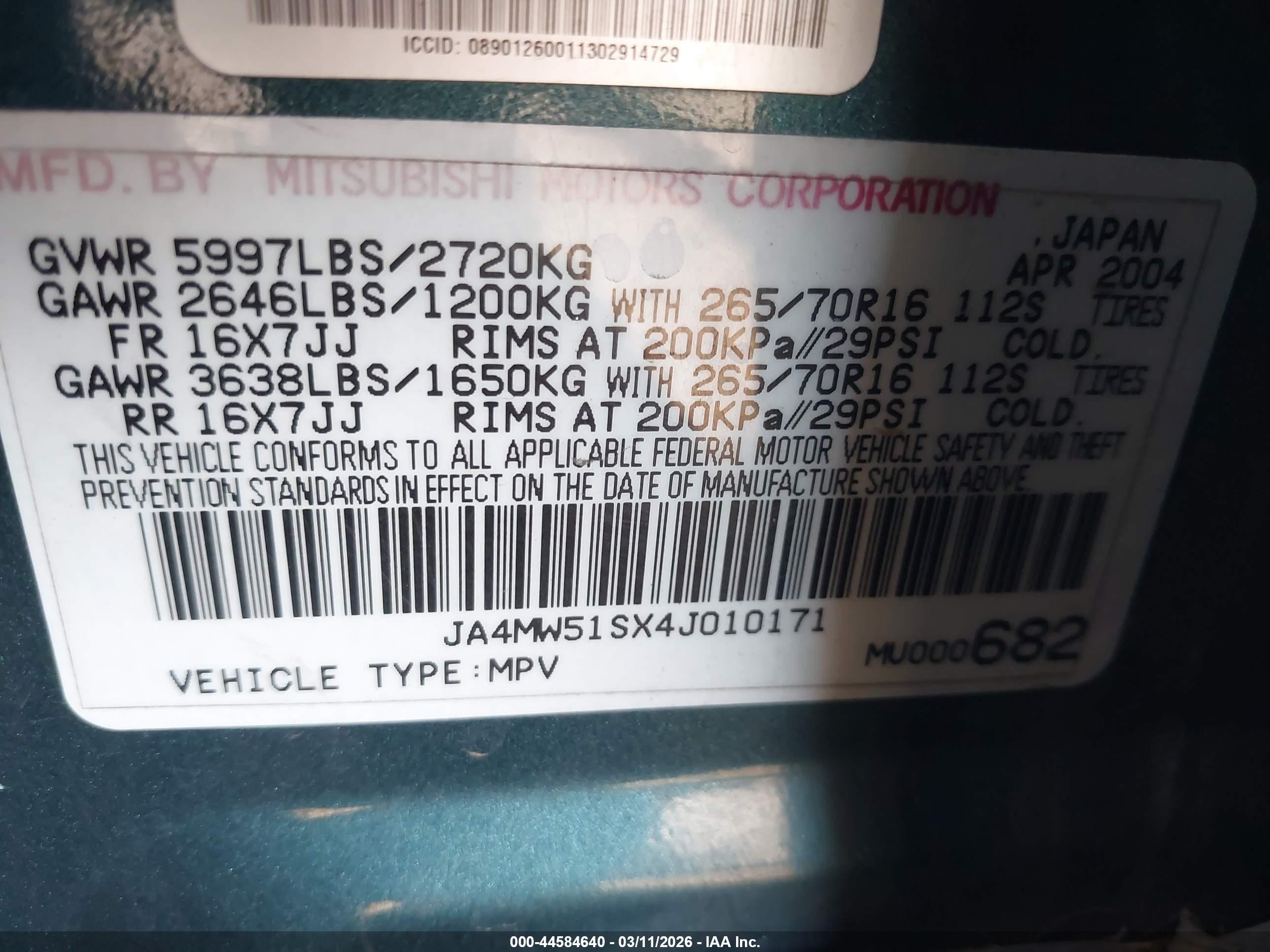 2004 Mitsubishi Montero Xls Зеленый vin: JA4MW51SX4J010171