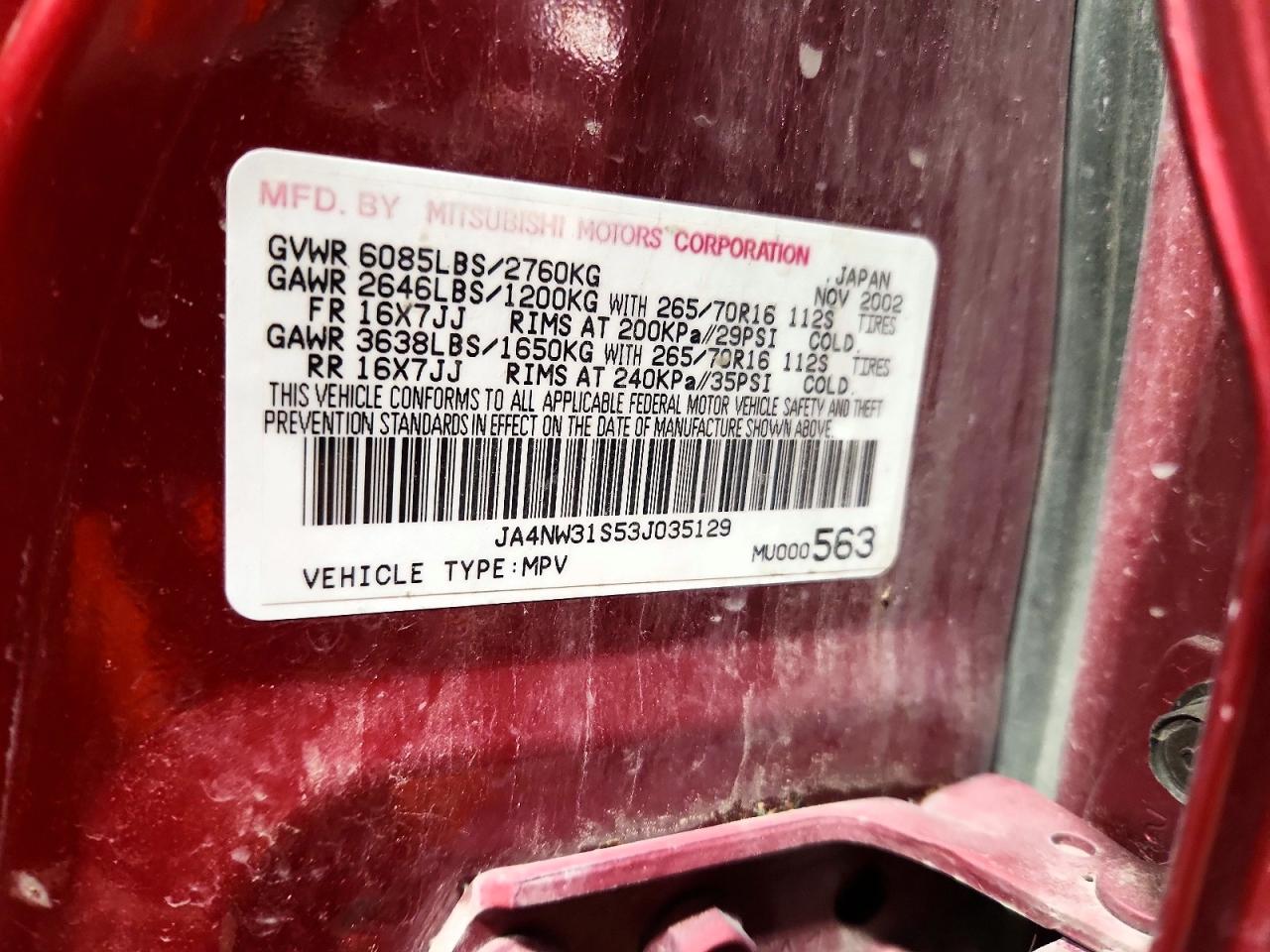 2003 Mitsubishi Montero Xls Burgundy vin: JA4NW31S53J035129