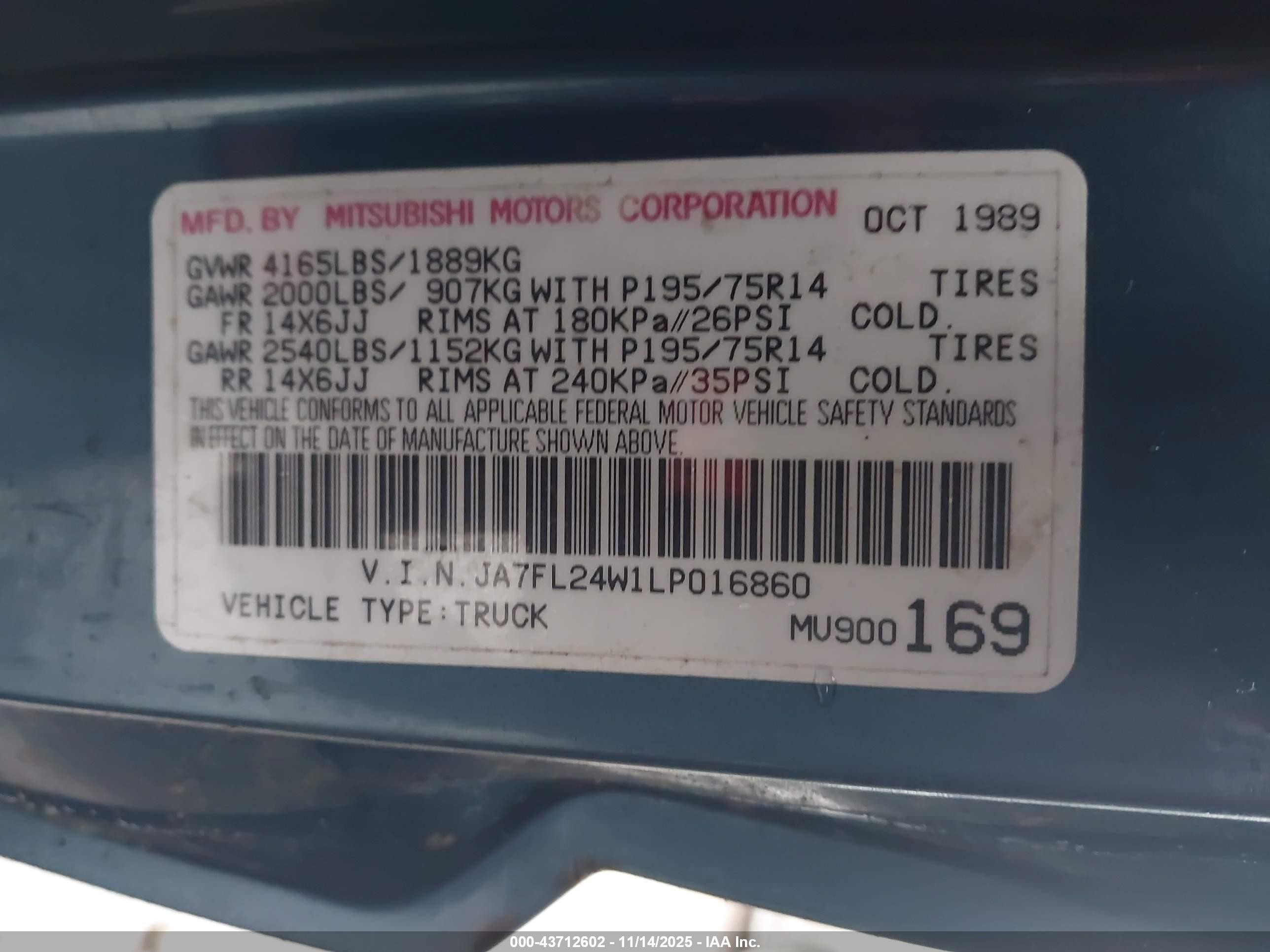 1990 Mitsubishi Mighty Max / S   Blue vin: JA7FL24W1LP016860