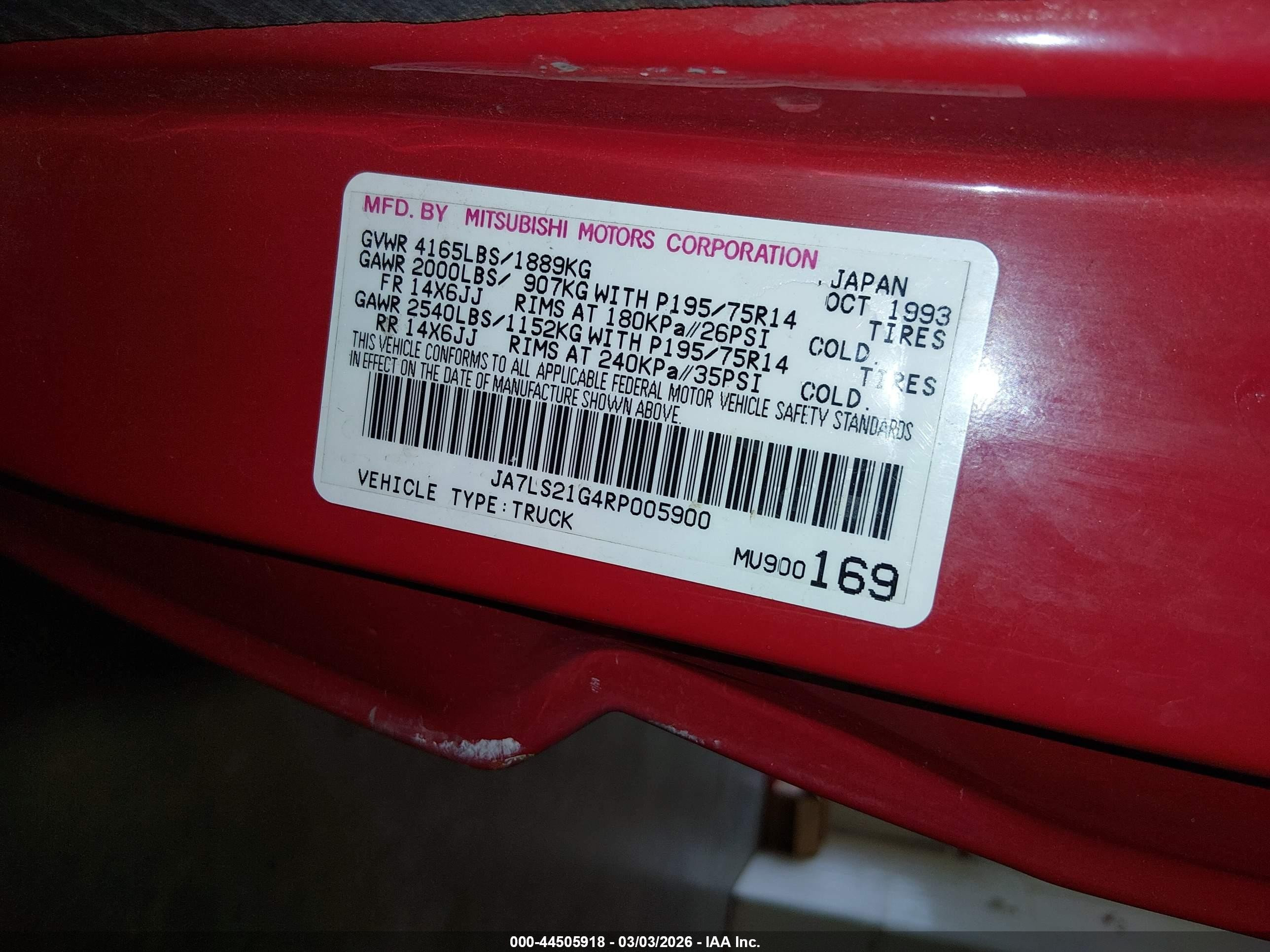 1994 Mitsubishi Mighty Max   Red vin: JA7LS21G4RP005900