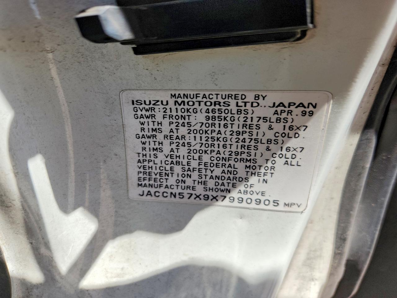 1999 Isuzu Vehicross White vin: JACCN57X9X7990905