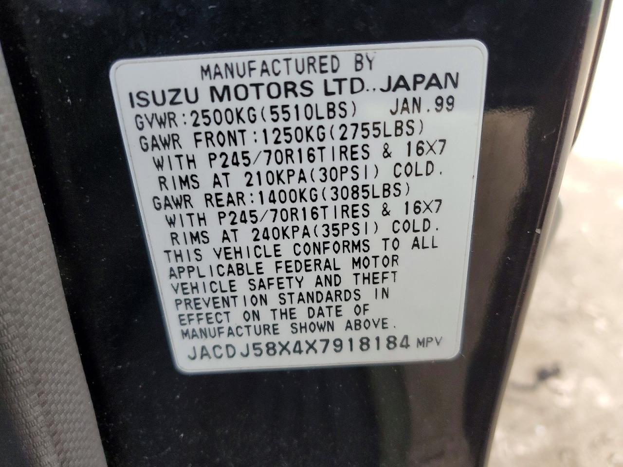 1999 Isuzu Trooper S Black vin: JACDJ58X4X7918184