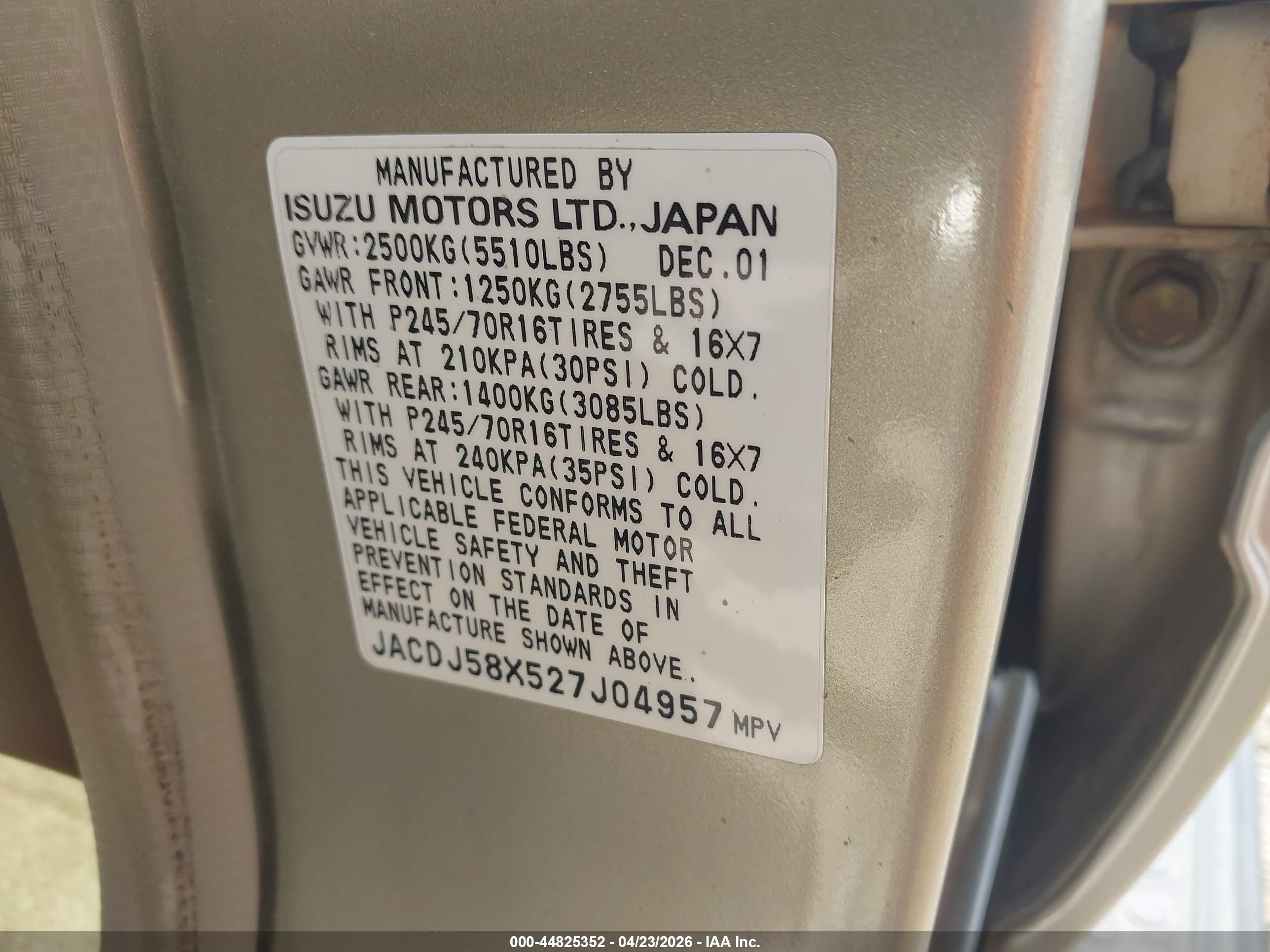 2002 Isuzu Trooper Limited/ls/s Tan vin: JACDJ58X527J04957