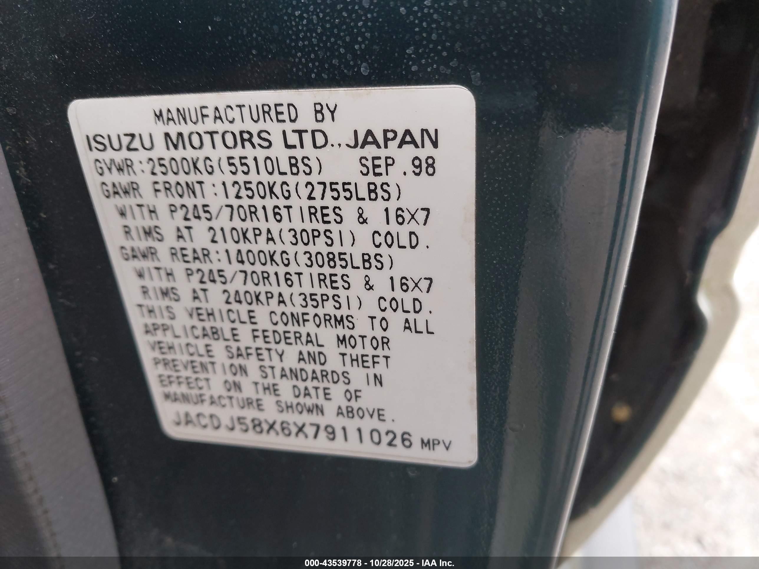 1999 Isuzu Trooper S Green vin: JACDJ58X6X7911026
