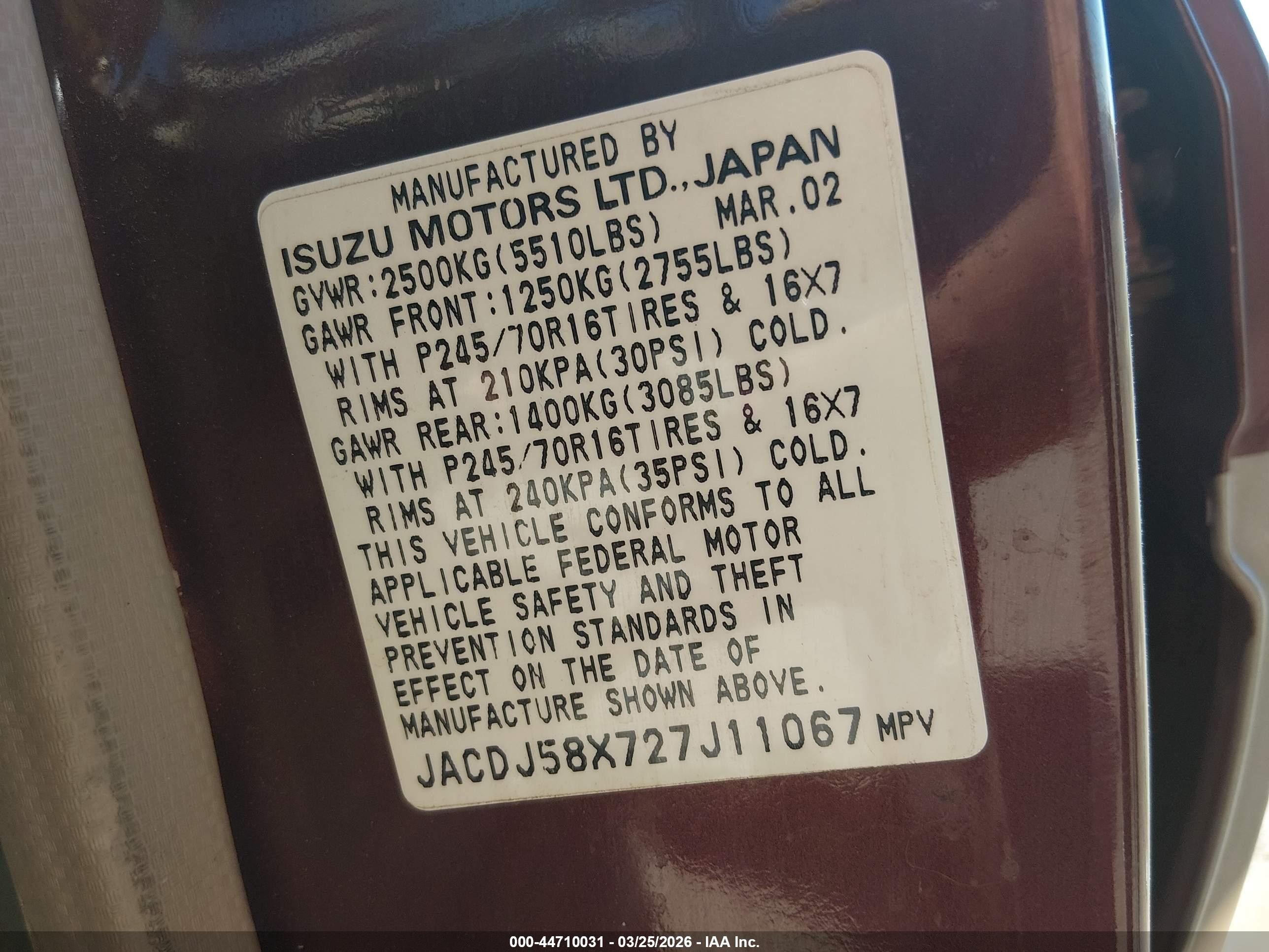 2002 Isuzu Trooper Limited/ls/s Red vin: JACDJ58X727J11067
