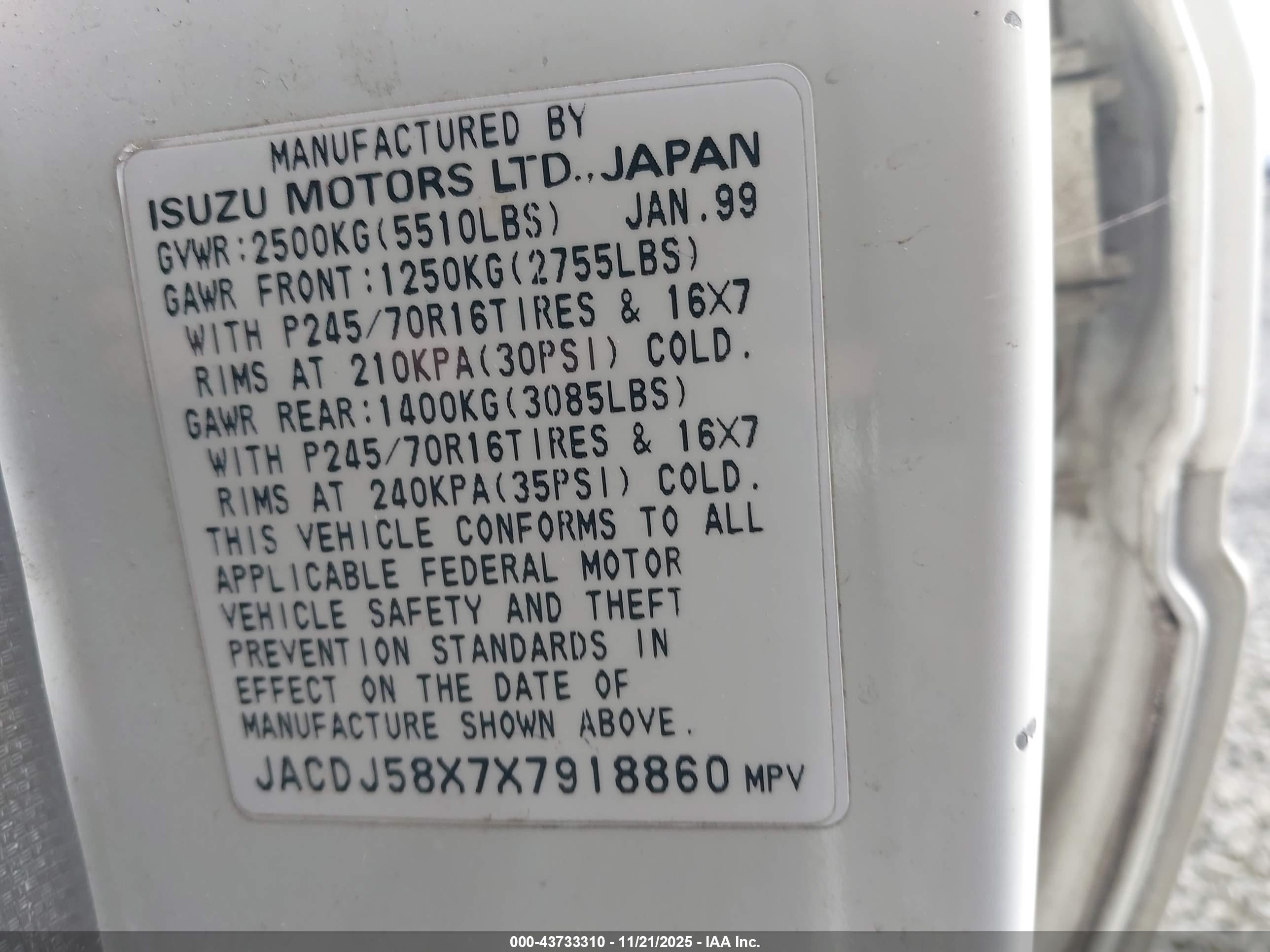 1999 Isuzu Trooper S White vin: JACDJ58X7X7918860