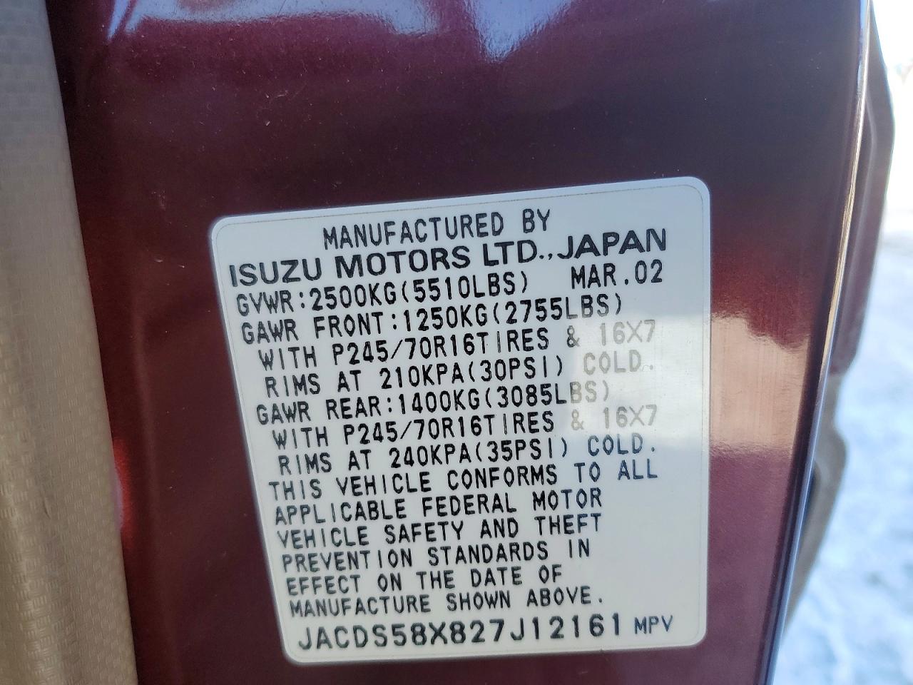 2002 Isuzu Trooper S Burgundy vin: JACDS58X827J12161