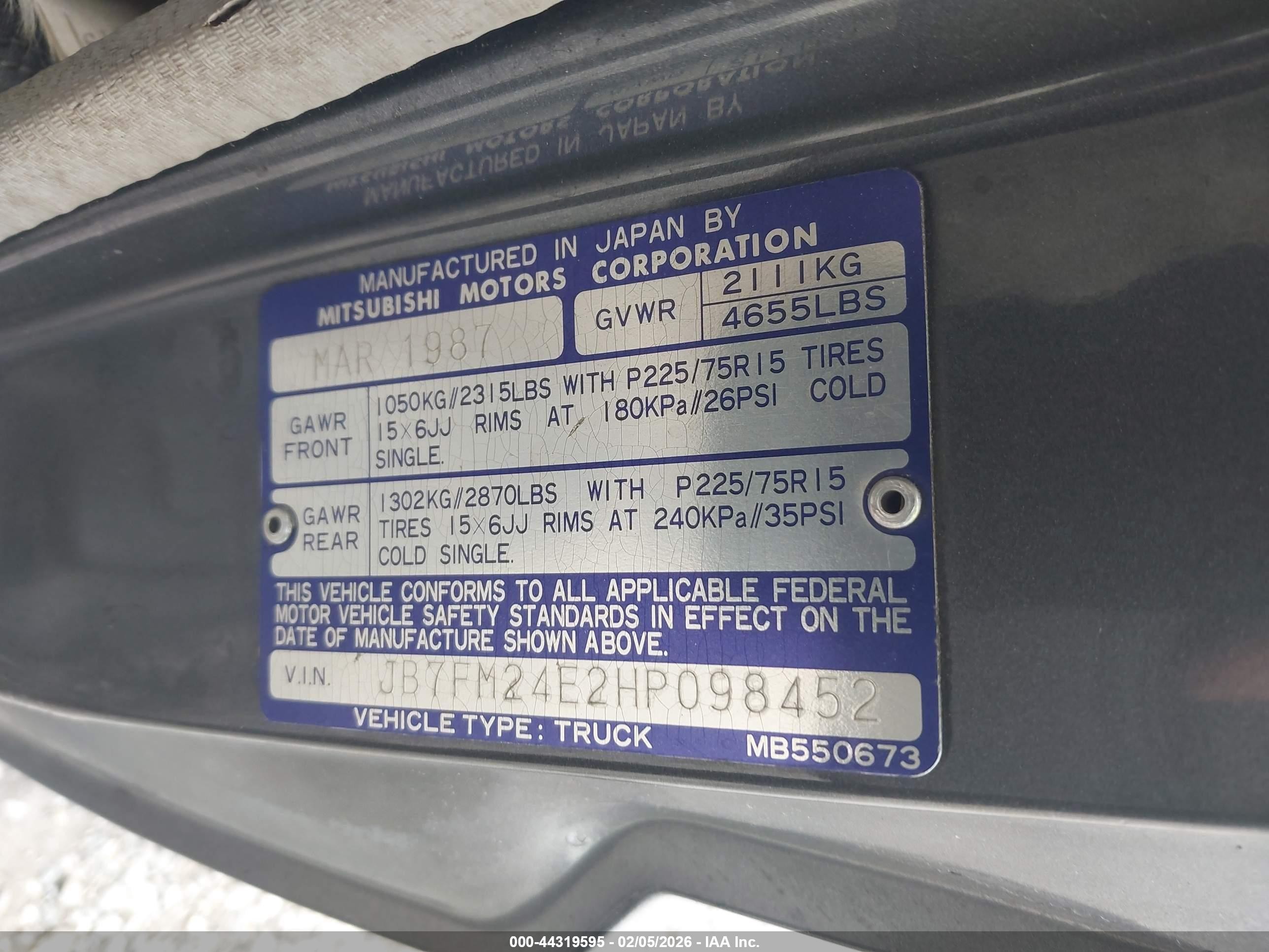 1987 Dodge Ram 50   Gray vin: JB7FM24E2HP098452