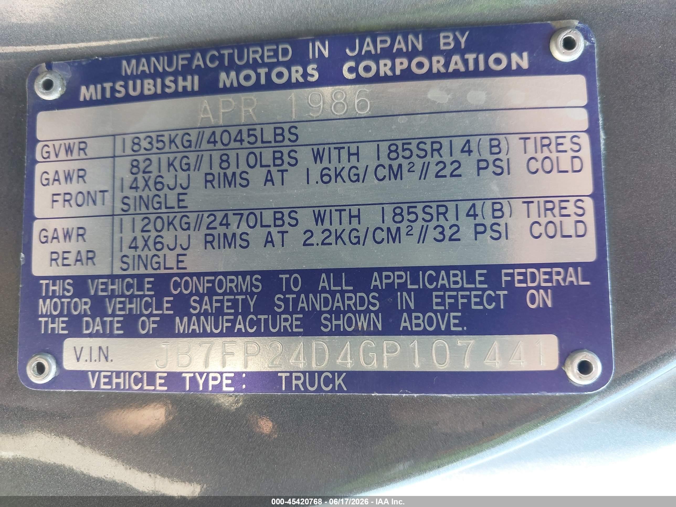 1986 Dodge D50 Custom Gray vin: JB7FP24D4GP107441