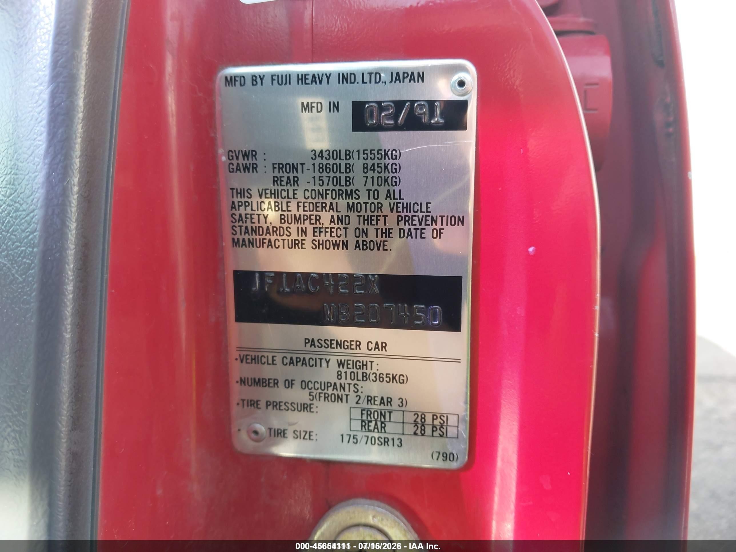 1991 Subaru Loyale   Red vin: JF1AC422XMB207450