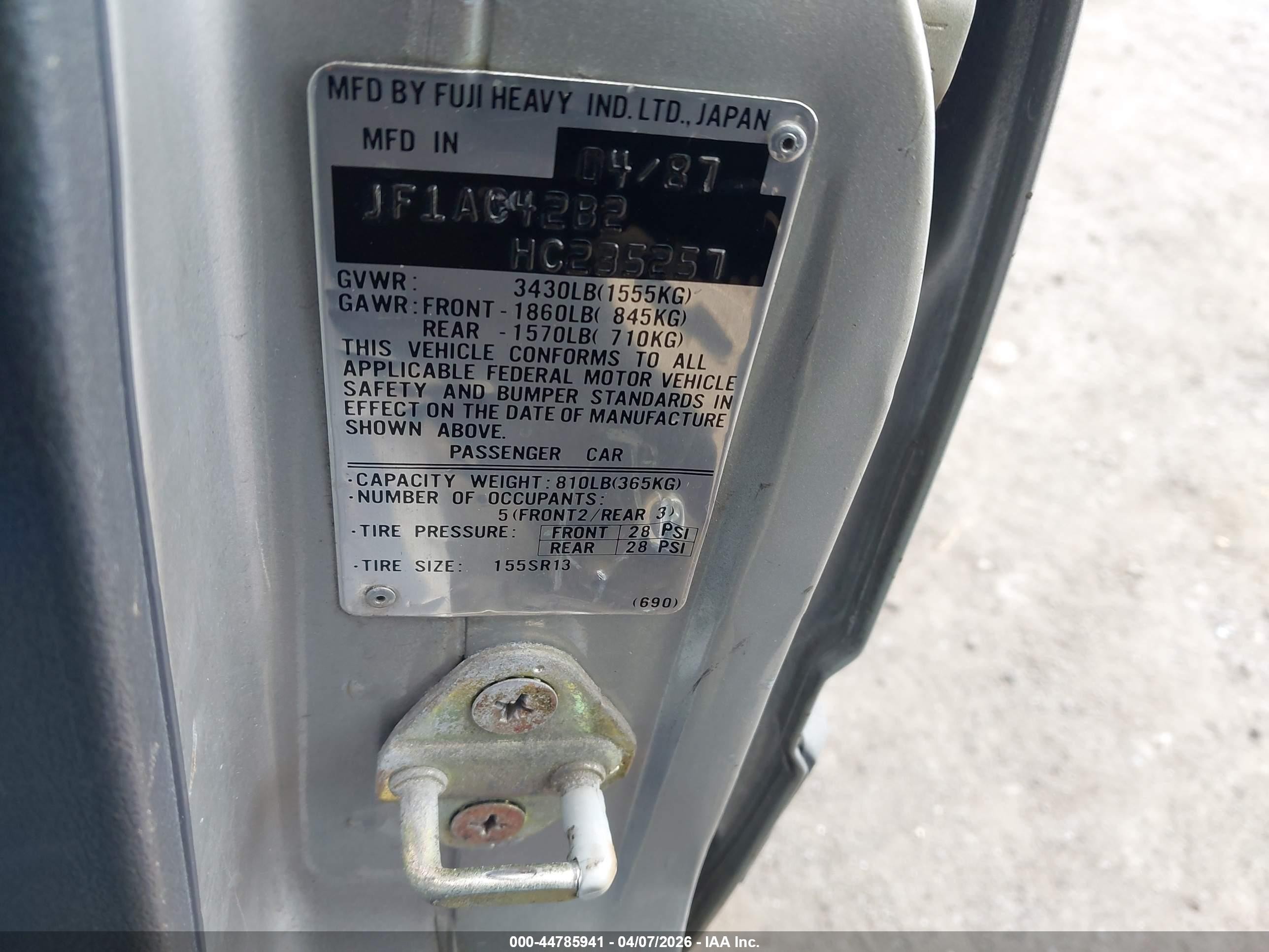 1987 Subaru Dl   Silver vin: JF1AC42B2HC235257