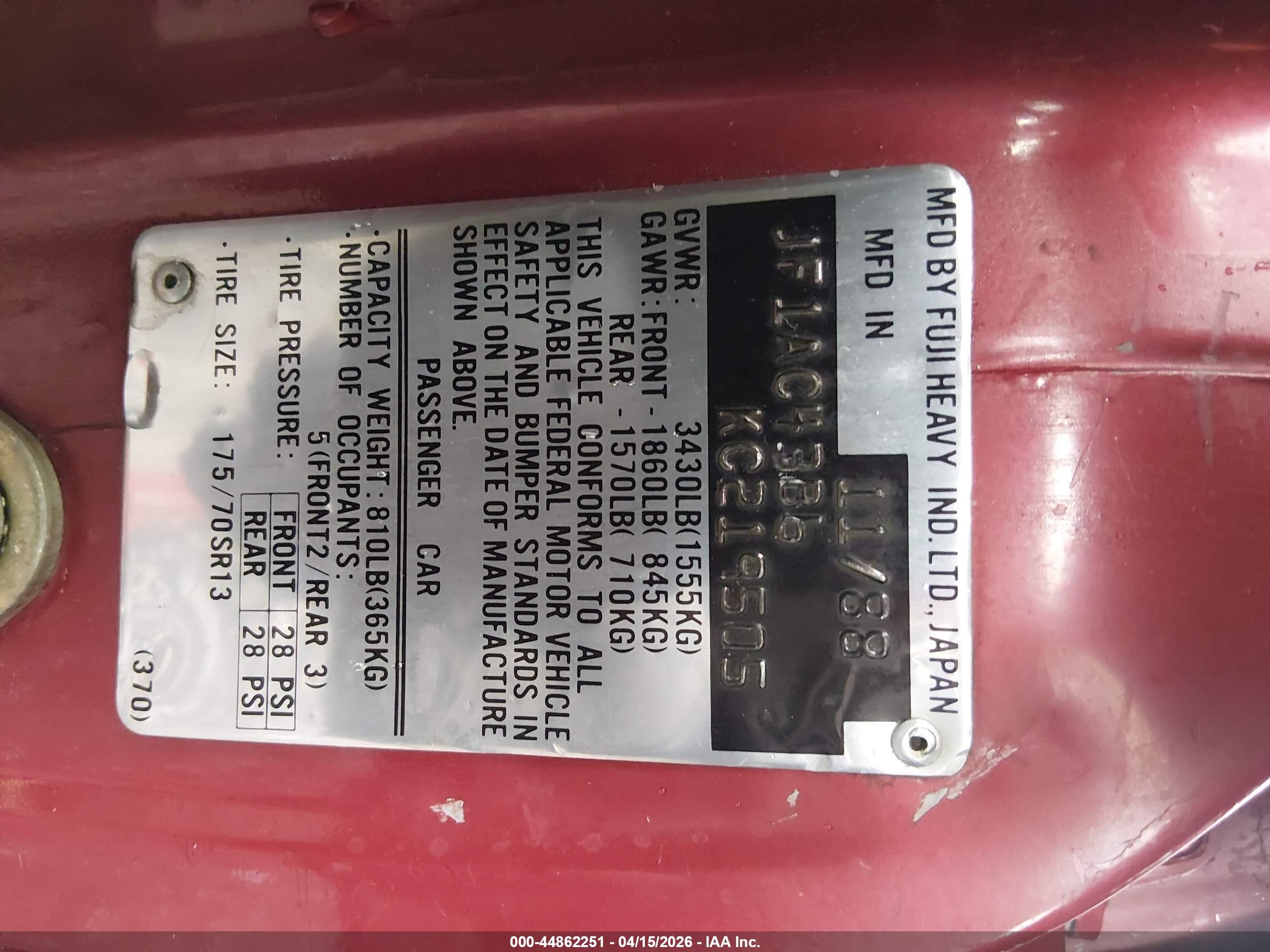 1989 Subaru Gl   Red vin: JF1AC43B6KC219505