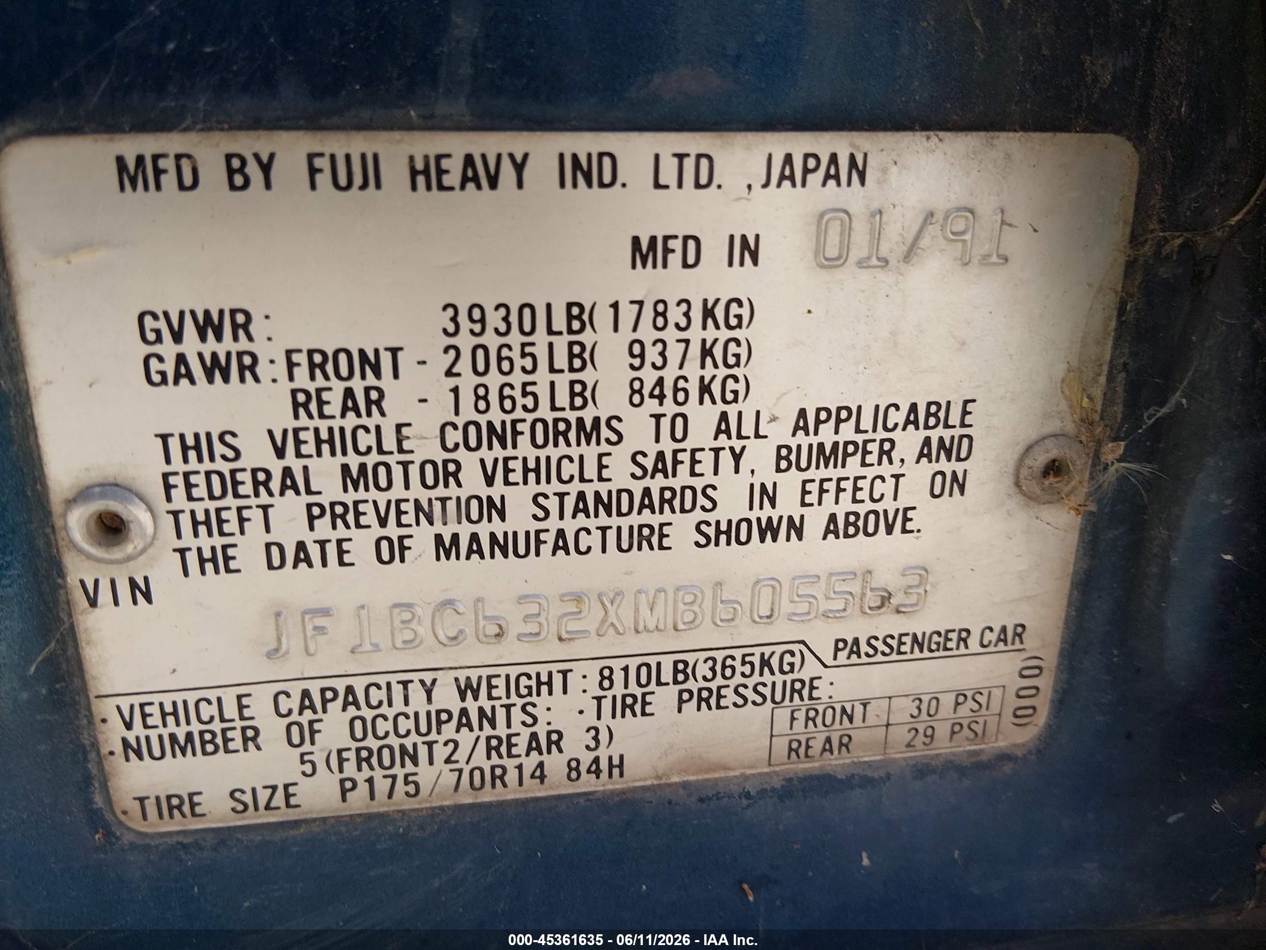 1991 Subaru Legacy L/hx/px/rx Blue vin: JF1BC632XMB605563