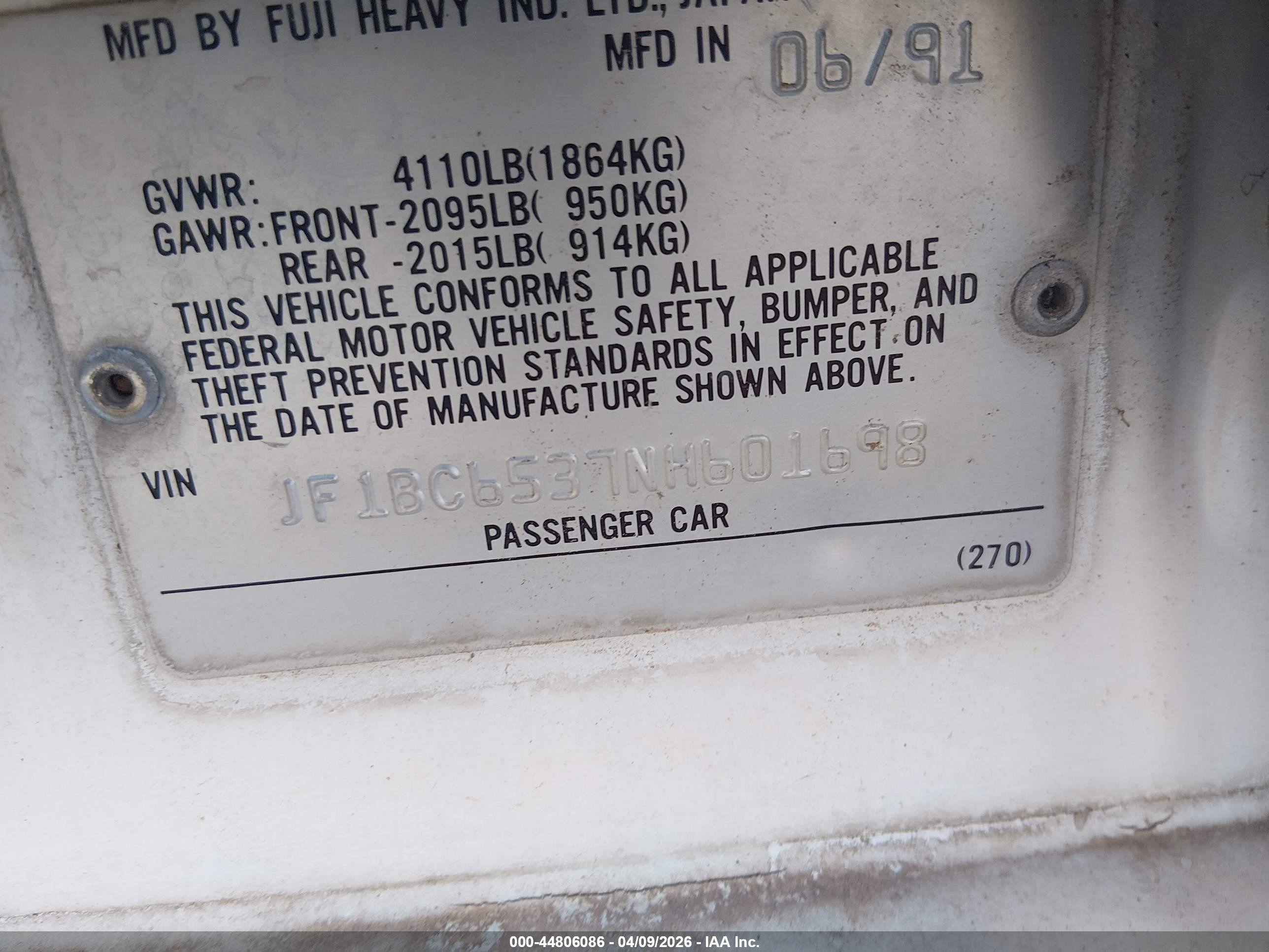 1992 Subaru Legacy Ls Special/lsi White vin: JF1BC6537NH601698