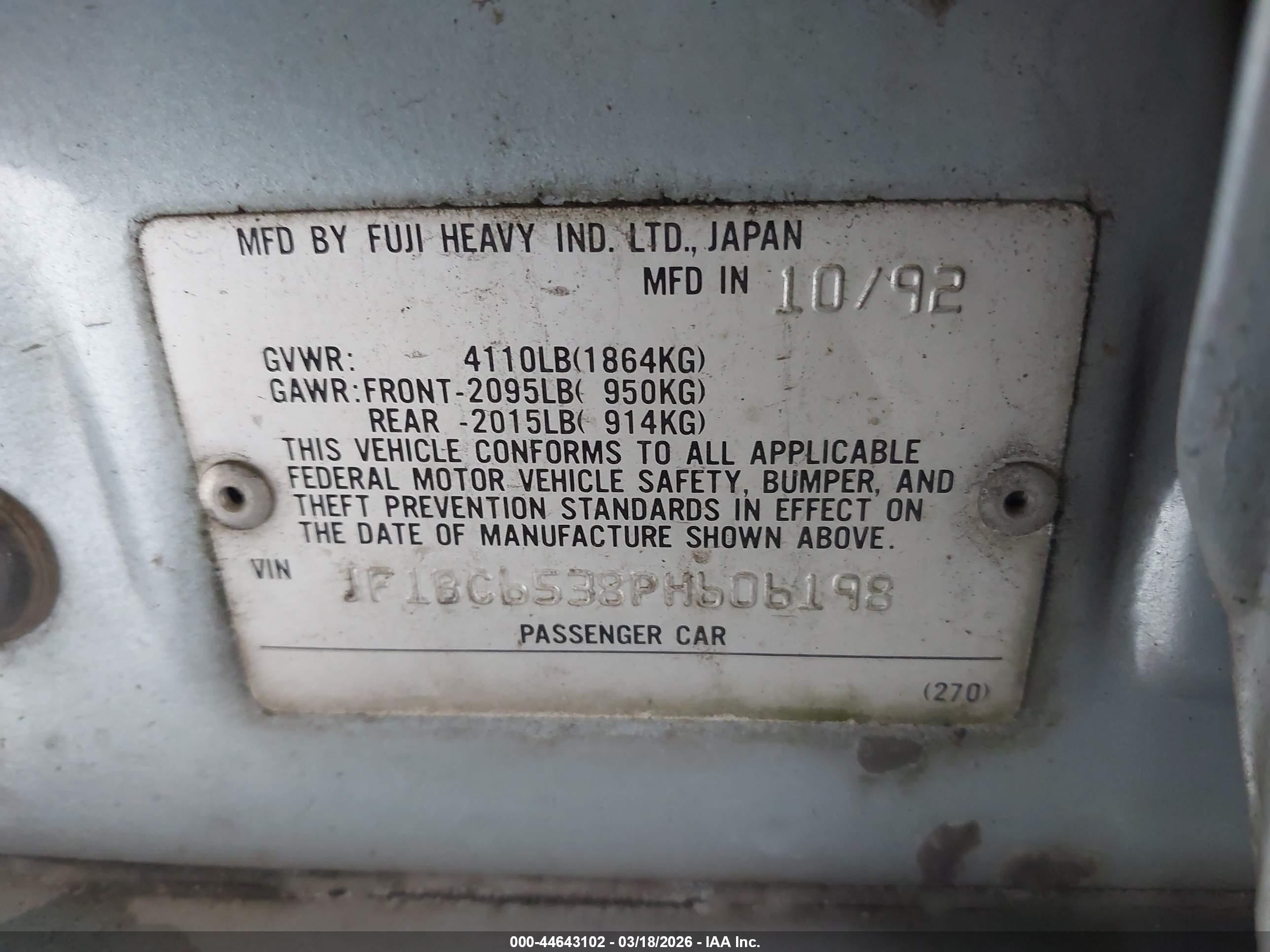 1993 Subaru Legacy Ls Special Серебряный vin: JF1BC6538PH606198