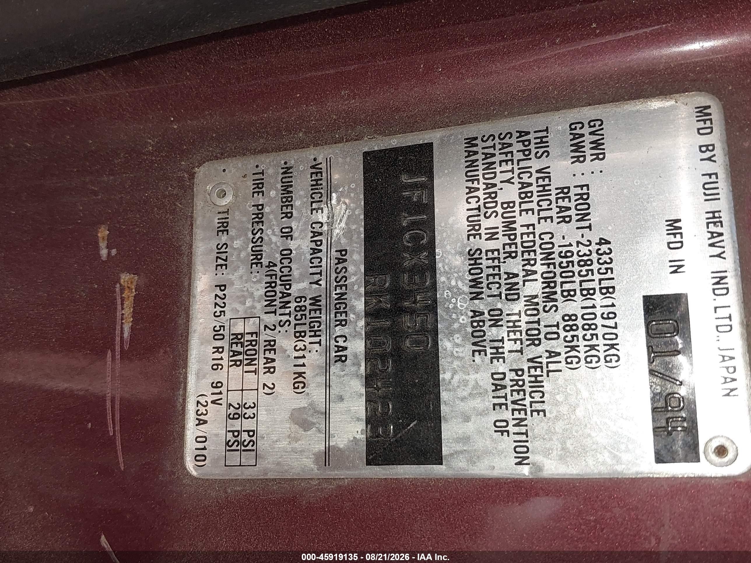 1994 Subaru Svx Ls Red vin: JF1CX3450RK102423