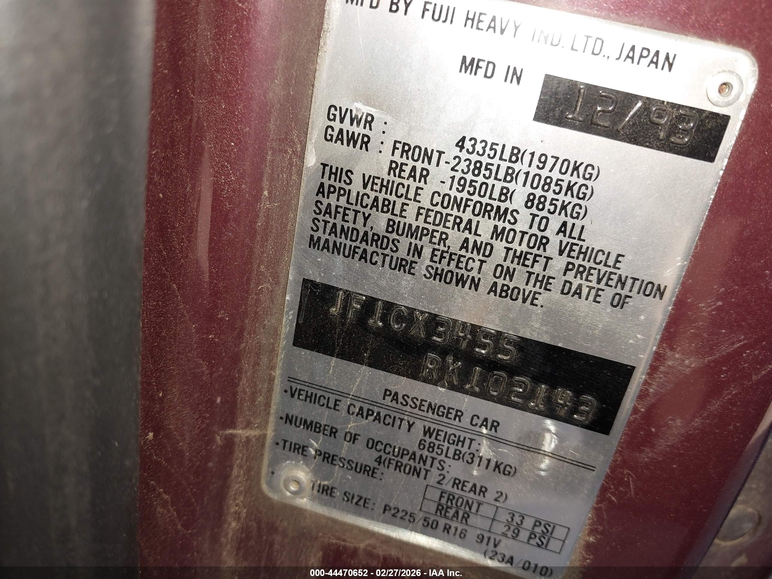 1994 Subaru Svx Ls Purple vin: JF1CX3455RK102143