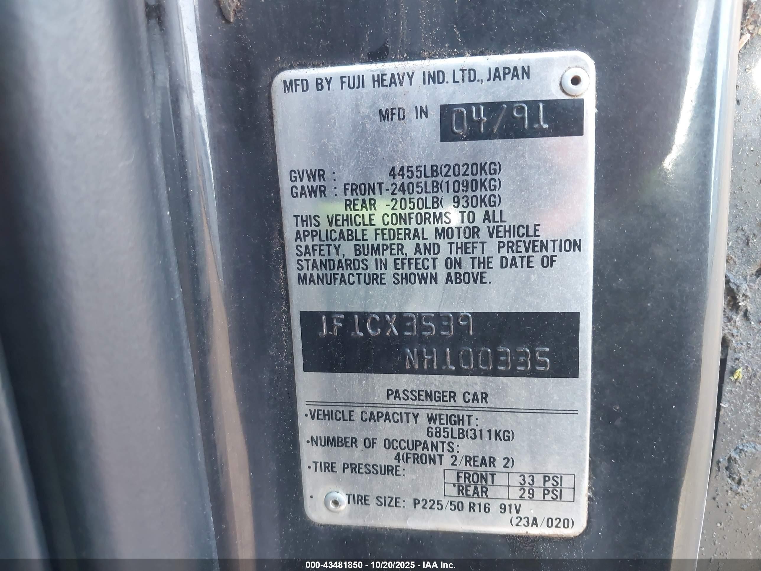1992 Subaru Svx Lsl Black vin: JF1CX3539NH100335