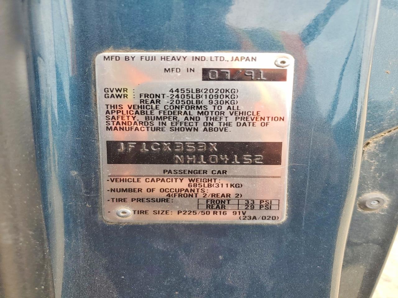 1992 Subaru Svx Lsl Blue vin: JF1CX353XNH104152