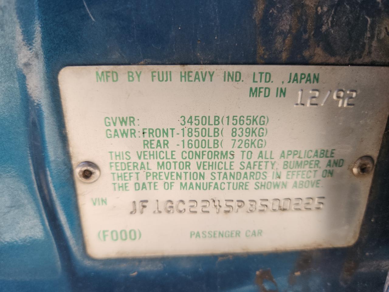1993 Subaru Impreza L Teal vin: JF1GC2245PB500225