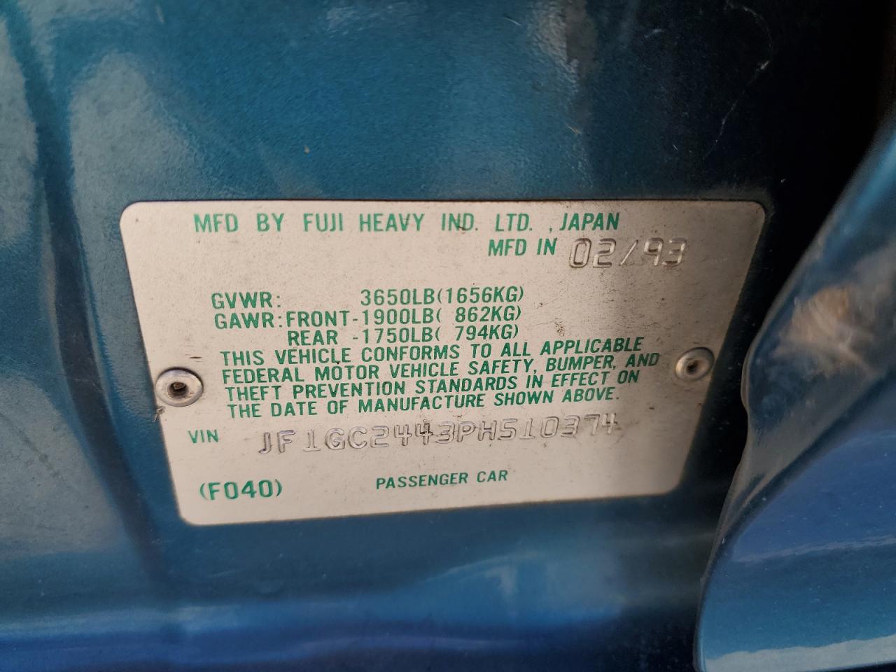 1993 Subaru Impreza L Plus   Teal vin: JF1GC2443PH510374
