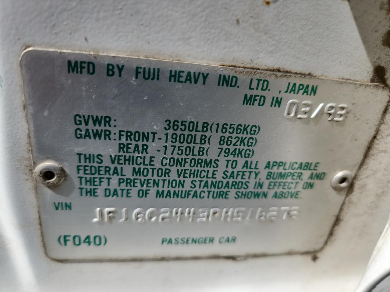 1993 Subaru Impreza L Plus White vin: JF1GC2443PH516272