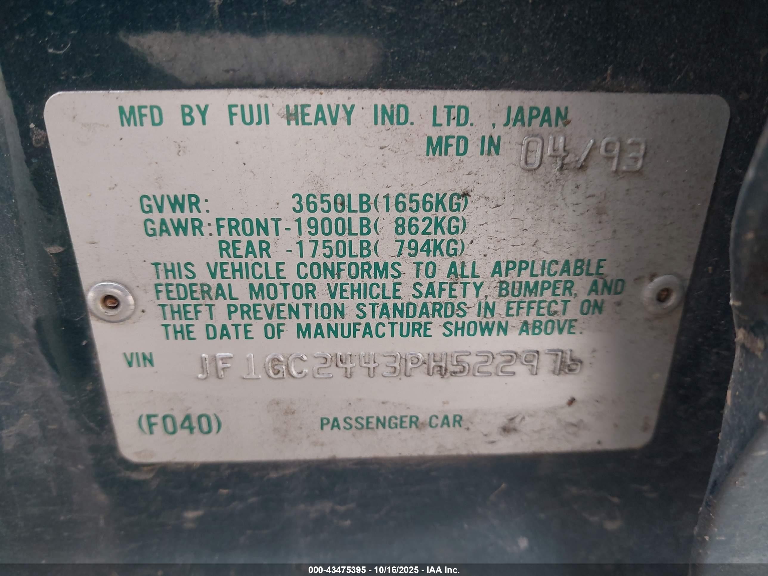 1993 Subaru Impreza L Plus Green vin: JF1GC2443PH522976