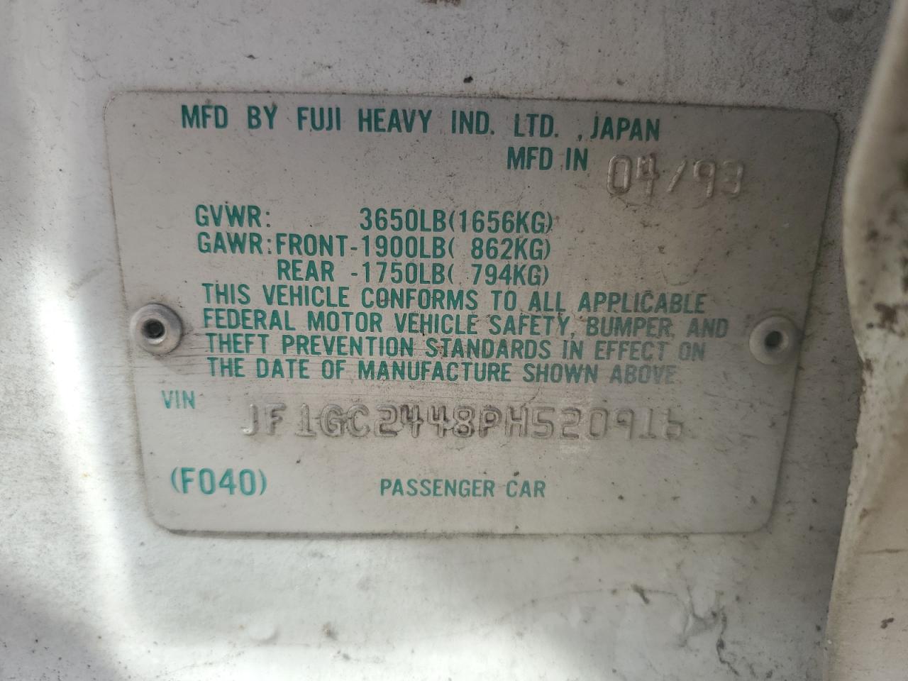 1993 Subaru Impreza L Plus White vin: JF1GC2448PH520916