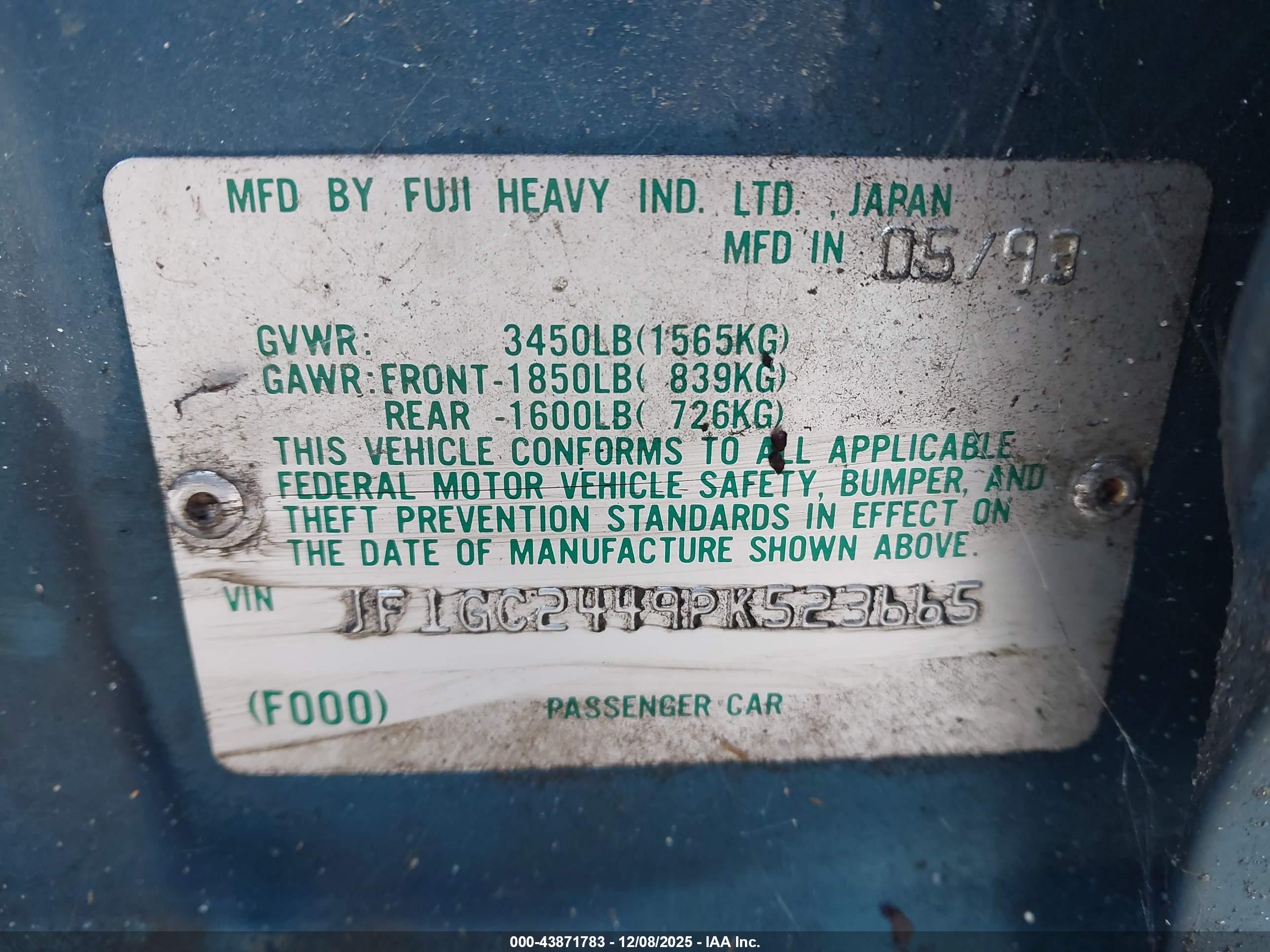 1993 Subaru Impreza L Plus Blue vin: JF1GC2449PK523665