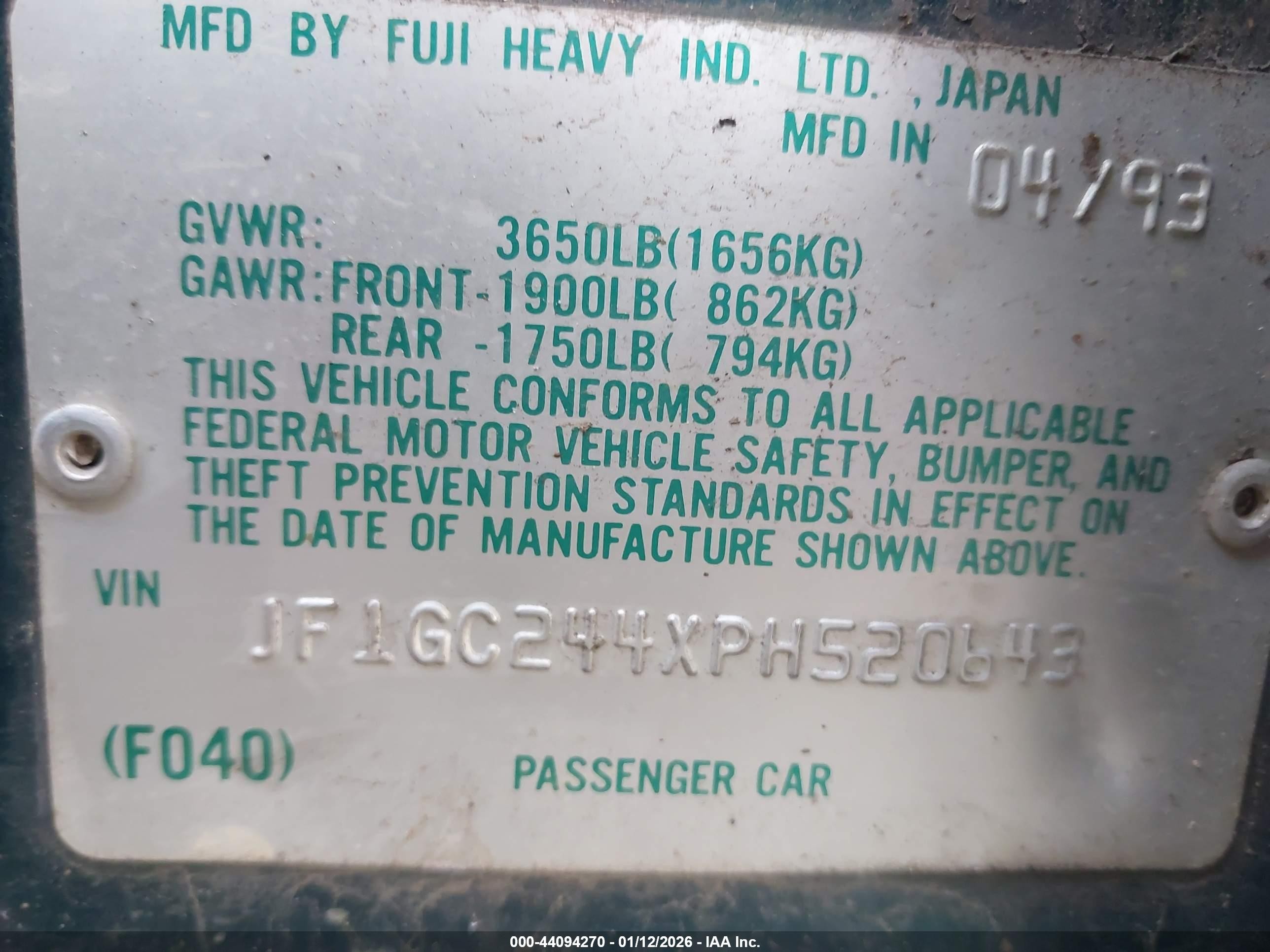 1993 Subaru Impreza L Plus Green vin: JF1GC244XPH520643