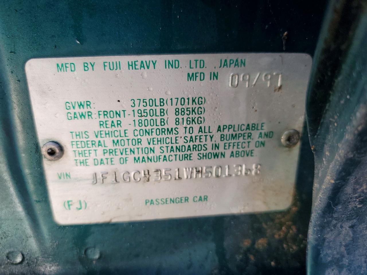 1998 Subaru Impreza L Green vin: JF1GC4351WH501368