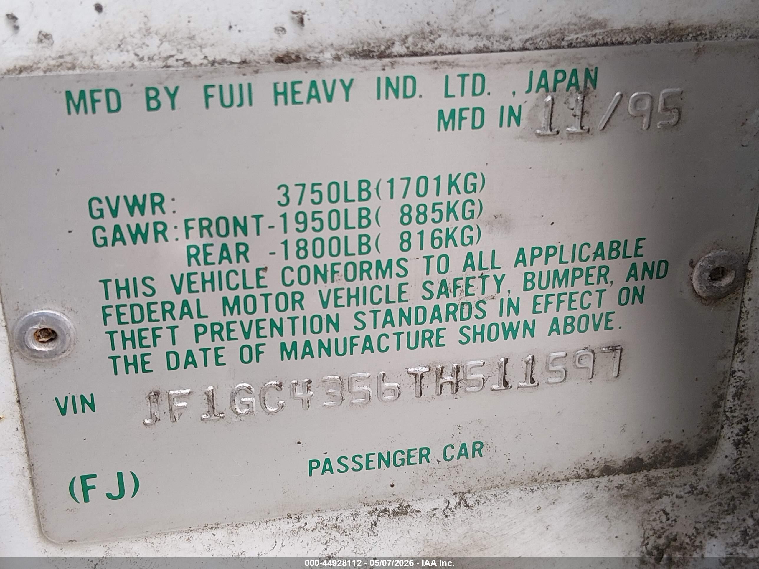 1996 Subaru Impreza L White vin: JF1GC4356TH511597