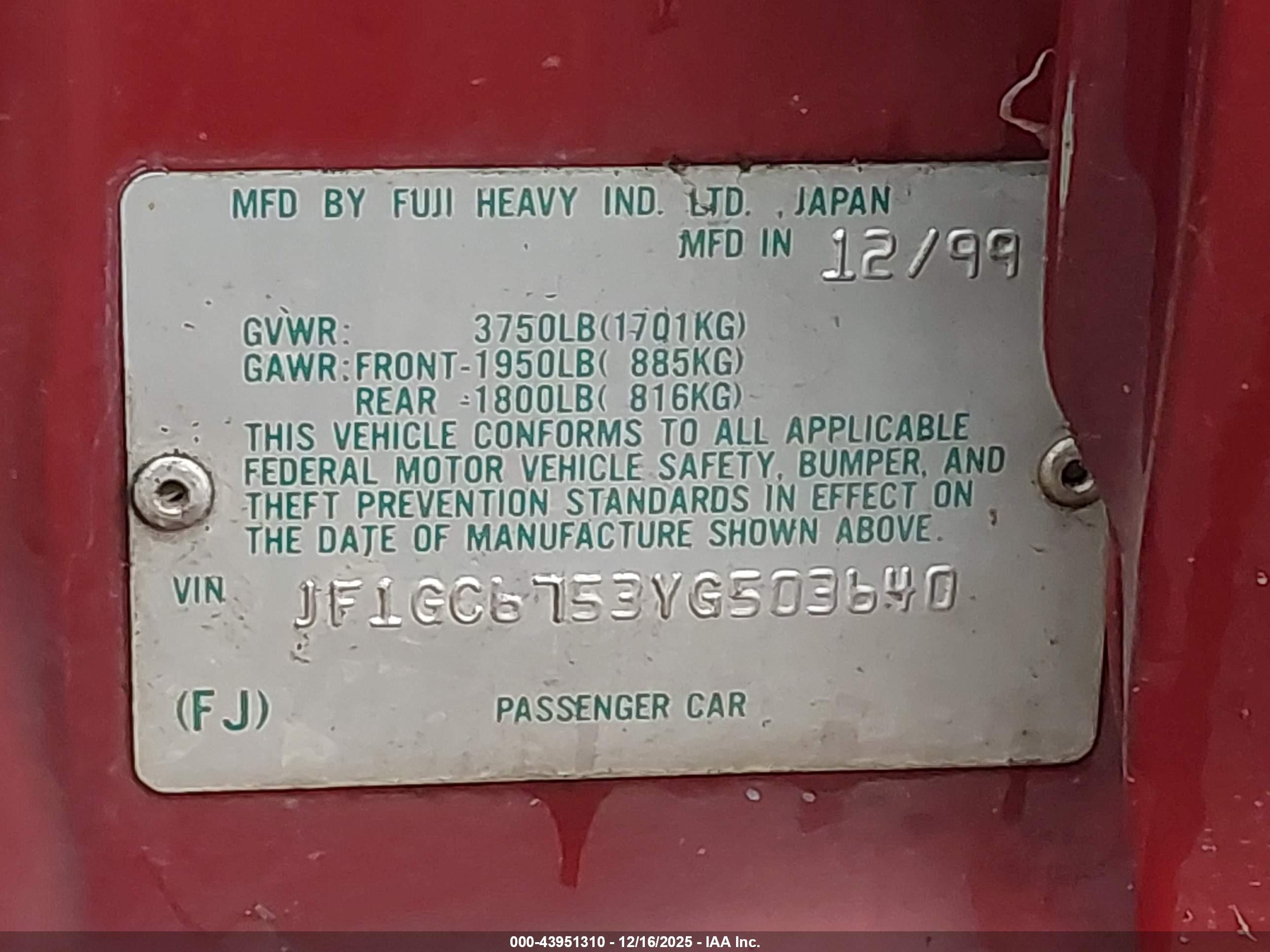 2000 Subaru Impreza 2.5rs Red vin: JF1GC6753YG503640