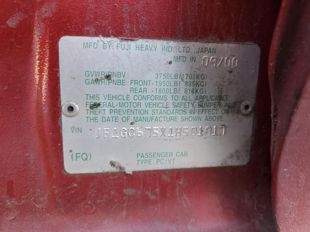 2001 Subaru Impreza Rs Red vin: JF1GC675X1H501917