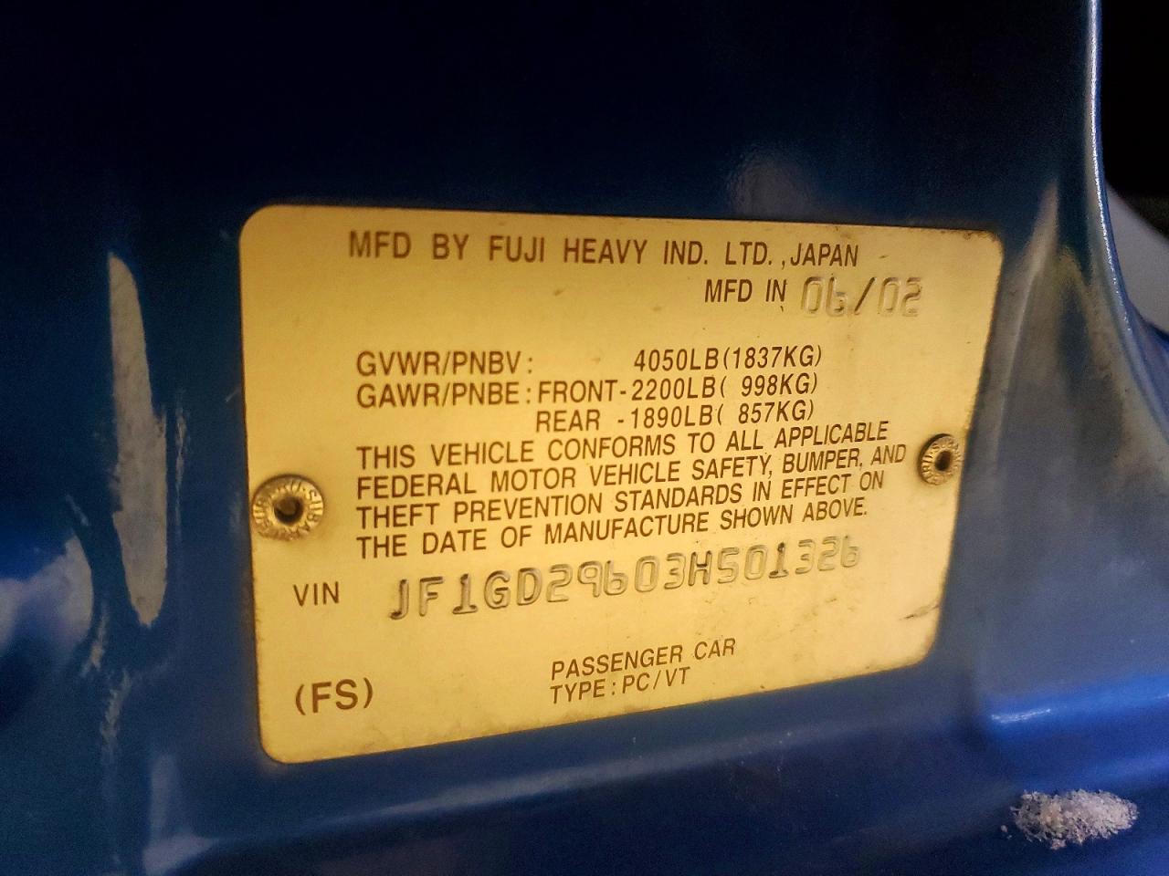 2003 Subaru Impreza Wrx Blue vin: JF1GD29603H501326