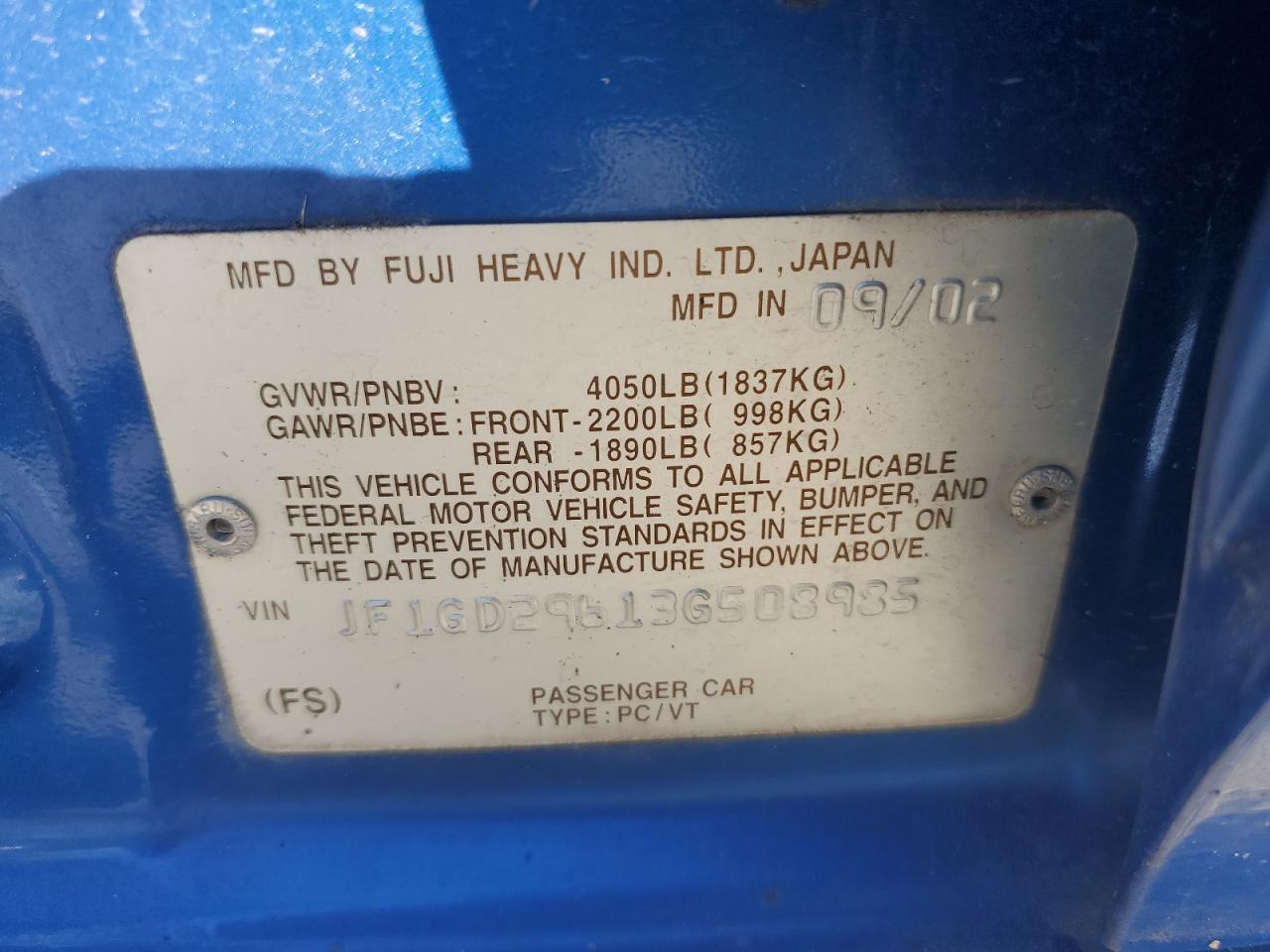2003 Subaru Impreza Wrx Blue vin: JF1GD29613G508985
