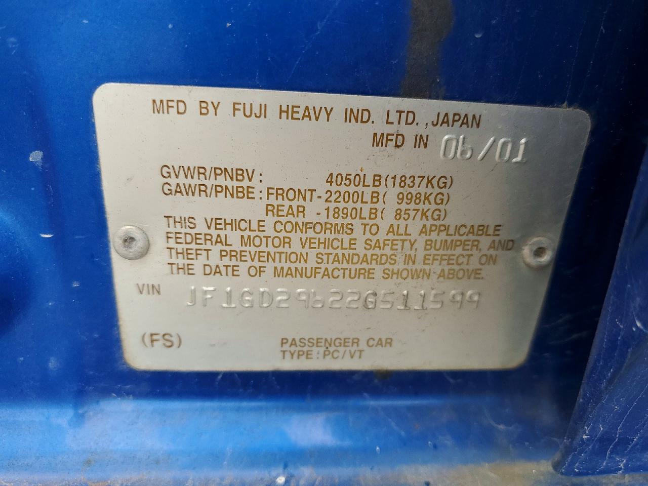 2002 Subaru Impreza Wrx Blue vin: JF1GD29622G511599