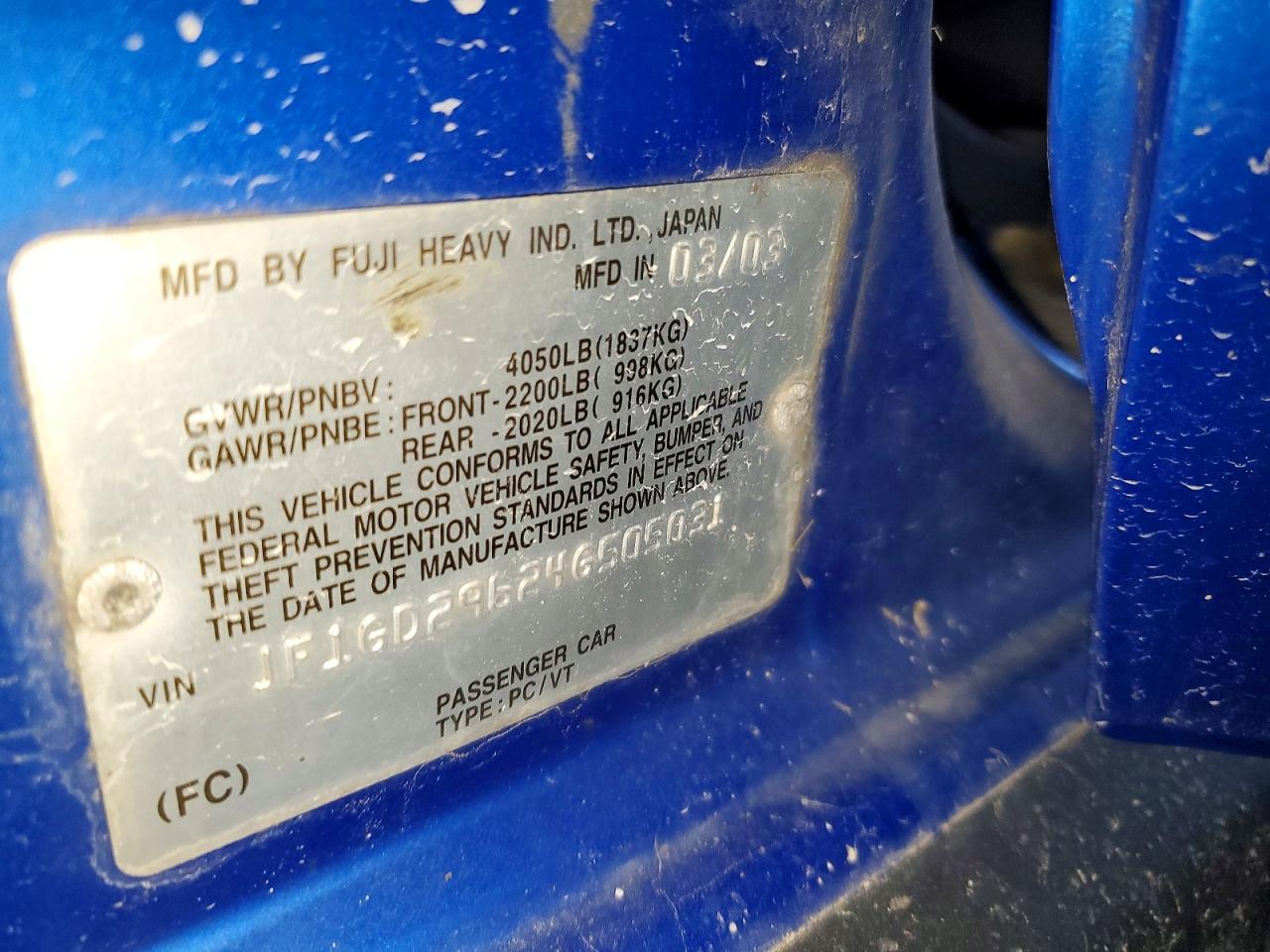 2004 Subaru Impreza Wrx Blue vin: JF1GD29624G505031