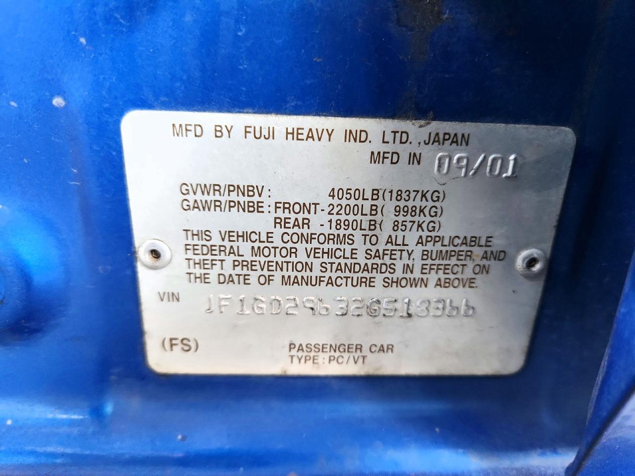 2002 Subaru Impreza Blue vin: JF1GD29632G518366
