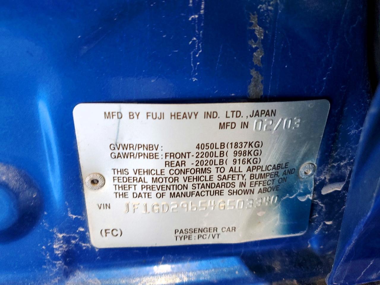 2004 Subaru Impreza Wrx Blue vin: JF1GD29654G503340