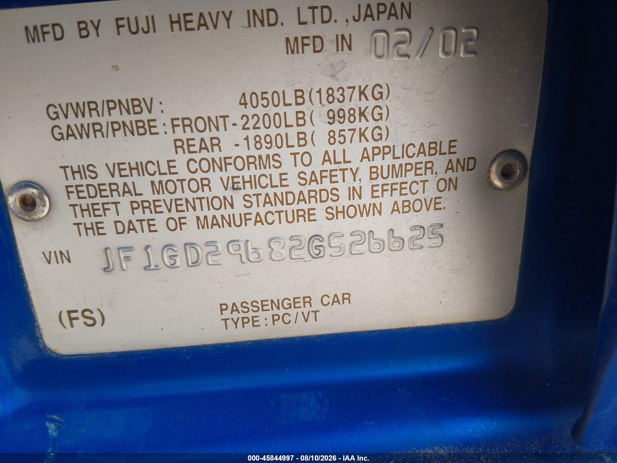 2002 Subaru Impreza Wrx Blue vin: JF1GD29682G526625