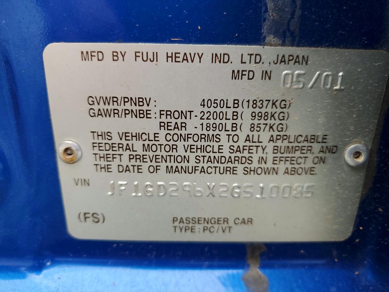 2002 Subaru Impreza Wrx Синий vin: JF1GD296X2G510085