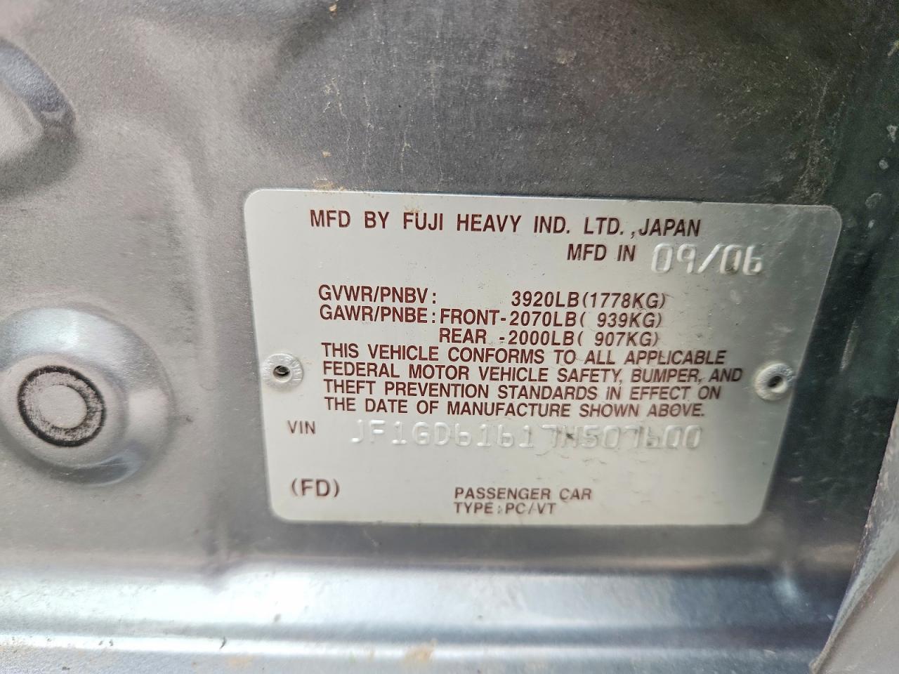 2007 Subaru Impreza 2.5i Gray vin: JF1GD61617H507600