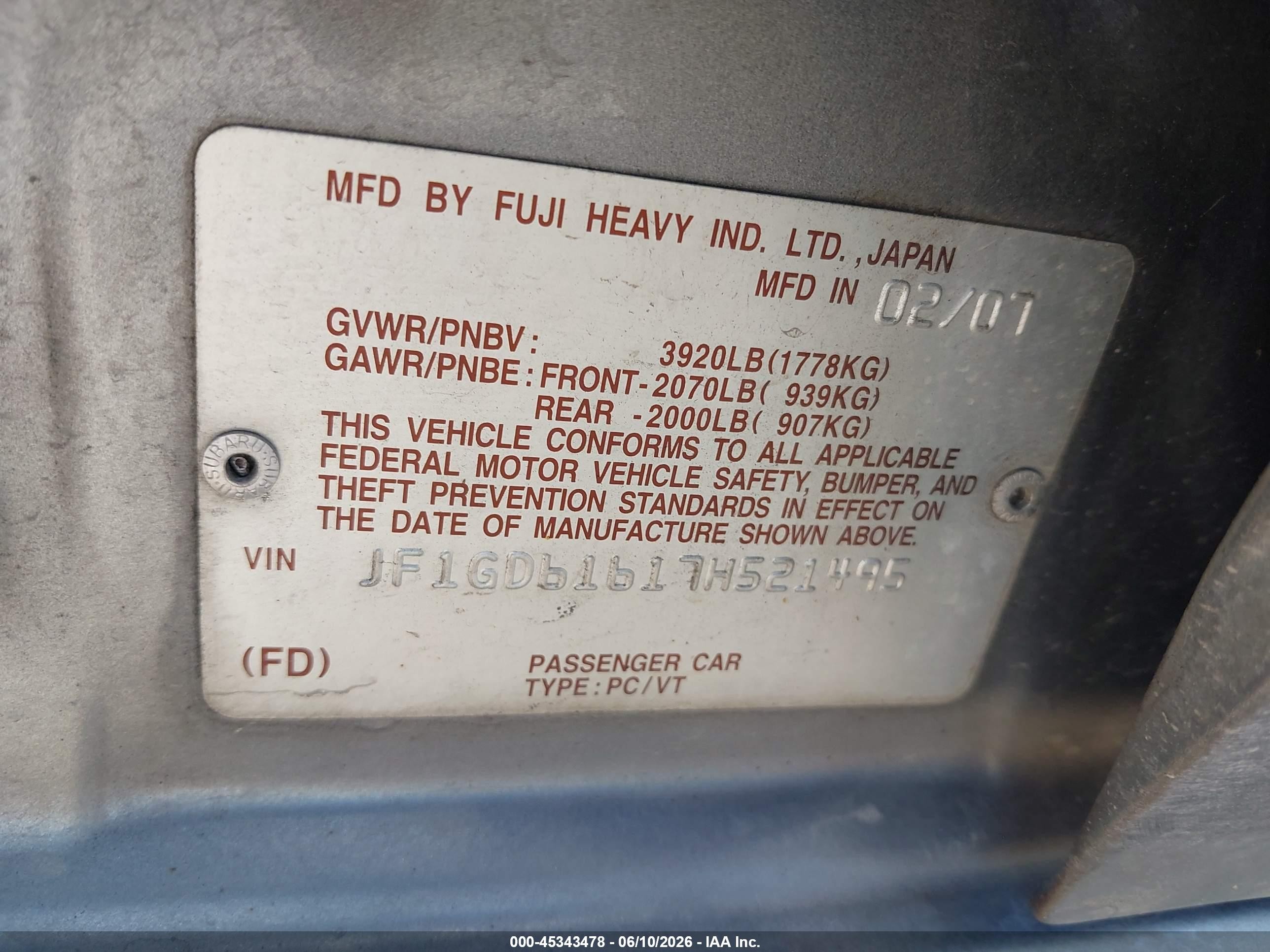 2007 Subaru Impreza 2.5i Silver vin: JF1GD61617H521495